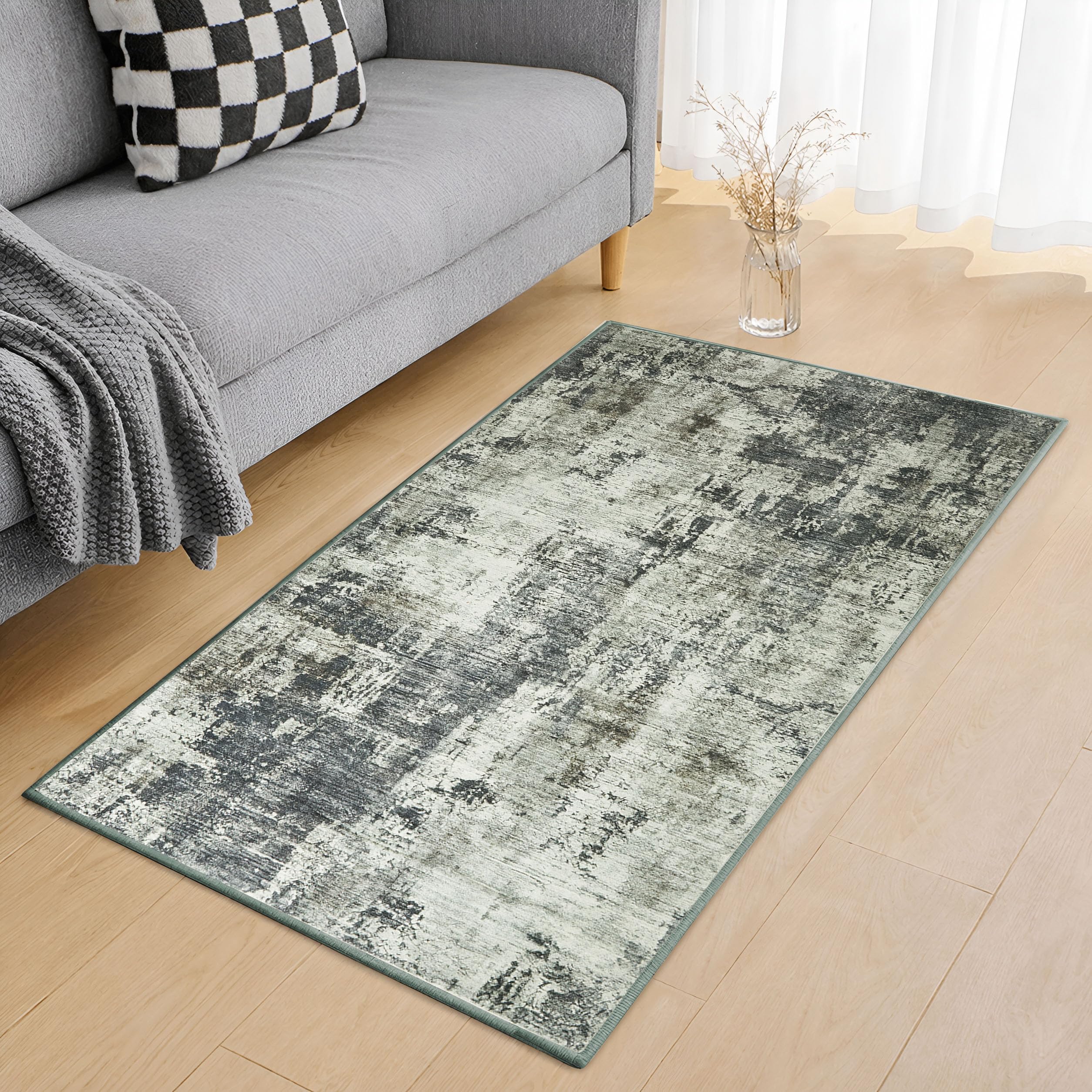 Hafaa Washable Rugs Living Room Small 60x110 cm – Soft Short Pile Area Rugs for Bedroom, Kitchen Carpet Non Slip Bedside Rug Traditional Floral Design Vintage Boho Cashmere Rug, Frost