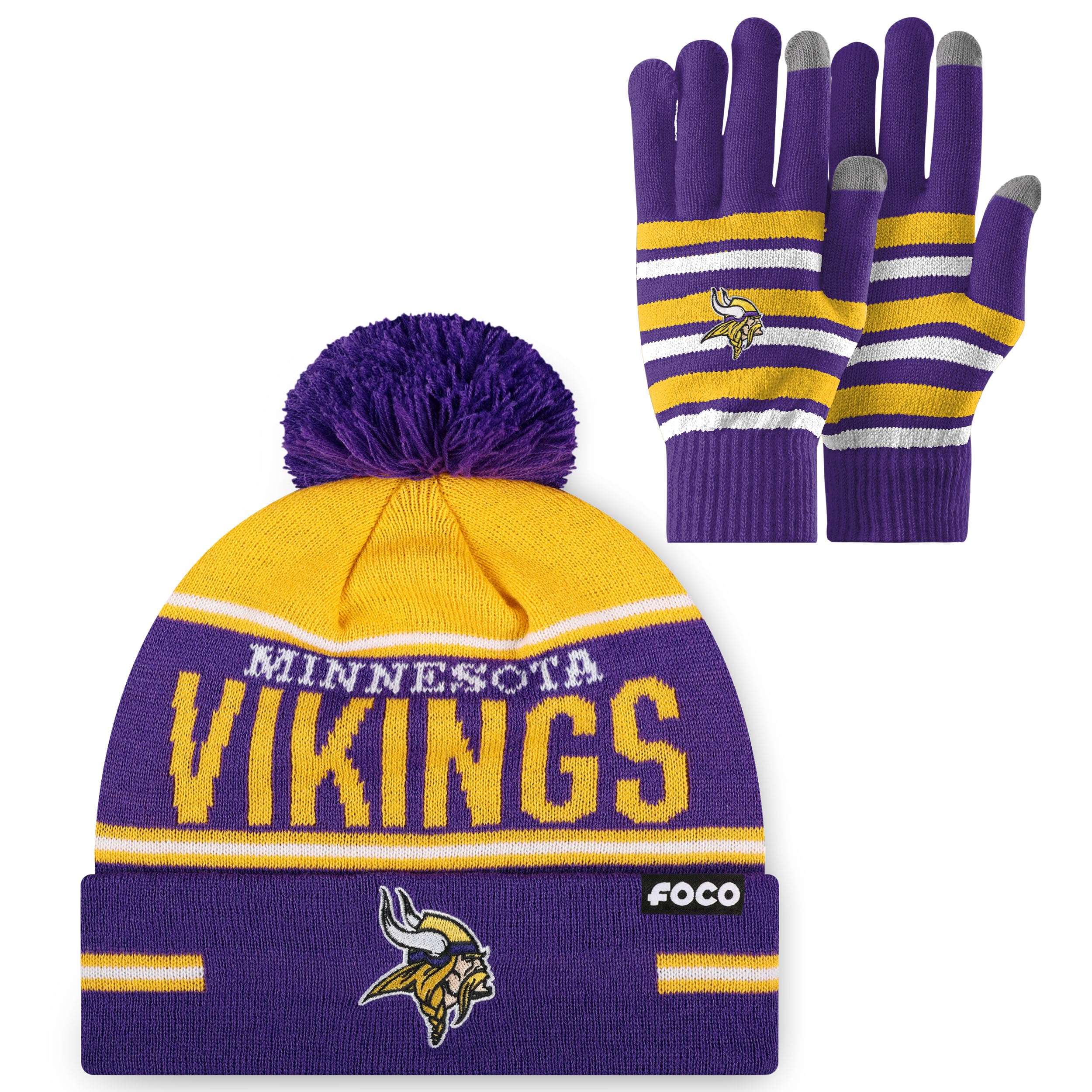 FOCO NFL unisex-adult Nfl Team Logo Adult Stretch Gloves With Big Wordmark Strip Pom Knit Hat Beanie Set