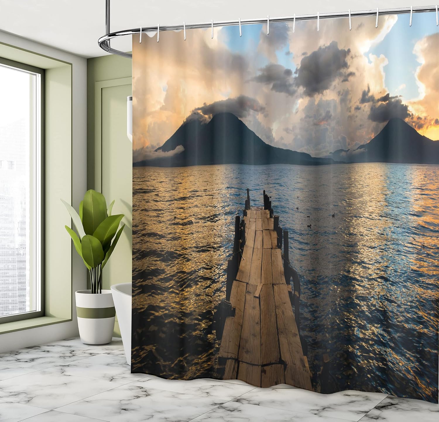 Ambesonne Landscape Shower Curtain, Wooden Pier on Lake Atitlan Volcanic Mountains Surrounded by Clouds Calm Panorama, Cloth Fabric Bathroom Decor Set with Hooks, 69" W x 75" L, Multicolor Off White