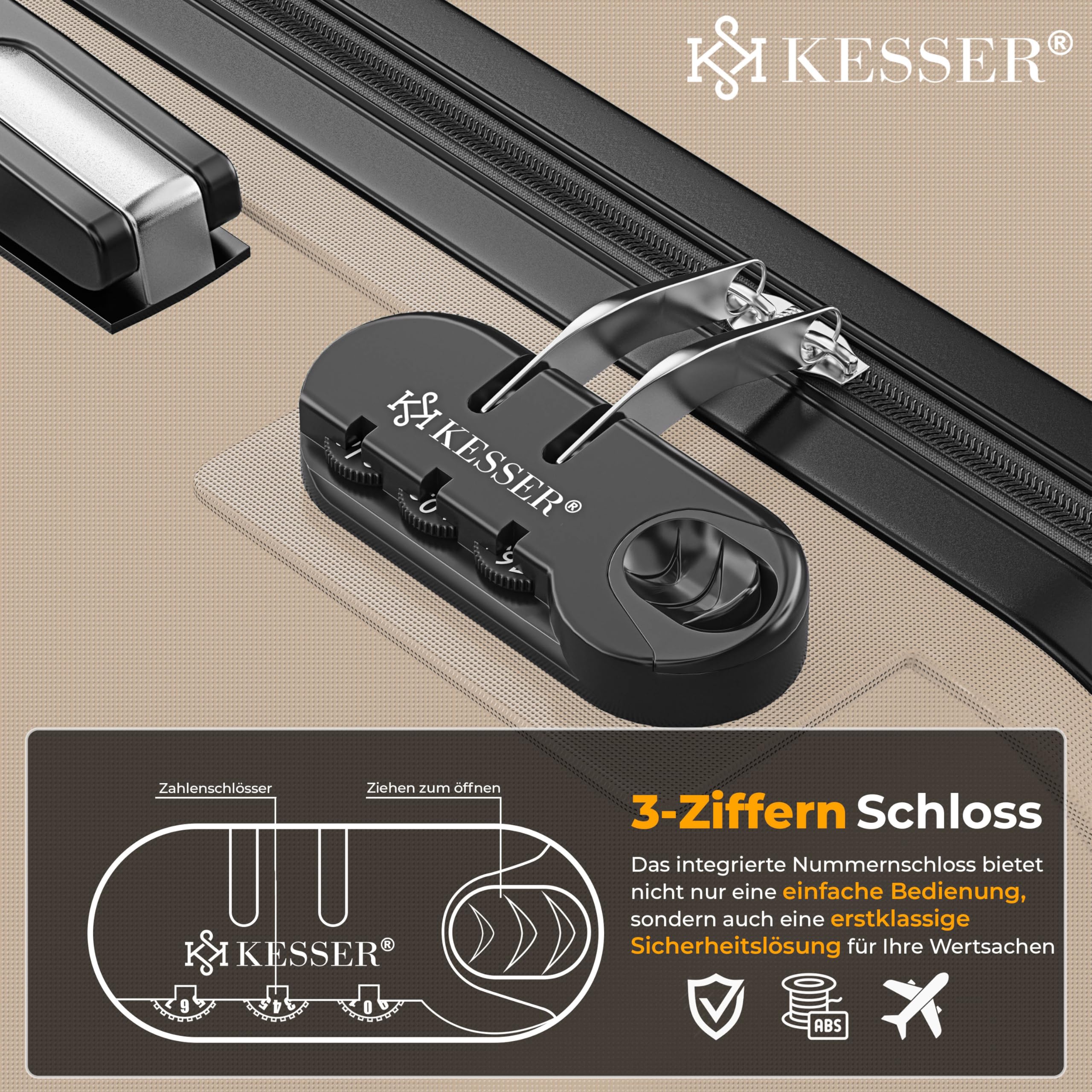 KESSER Reisekoffer 120L Hartschalen Trolley ABS-Hartschale Zahlenschloss 4 Rollen Teleskopgriff 75x50x32cm Champagne
