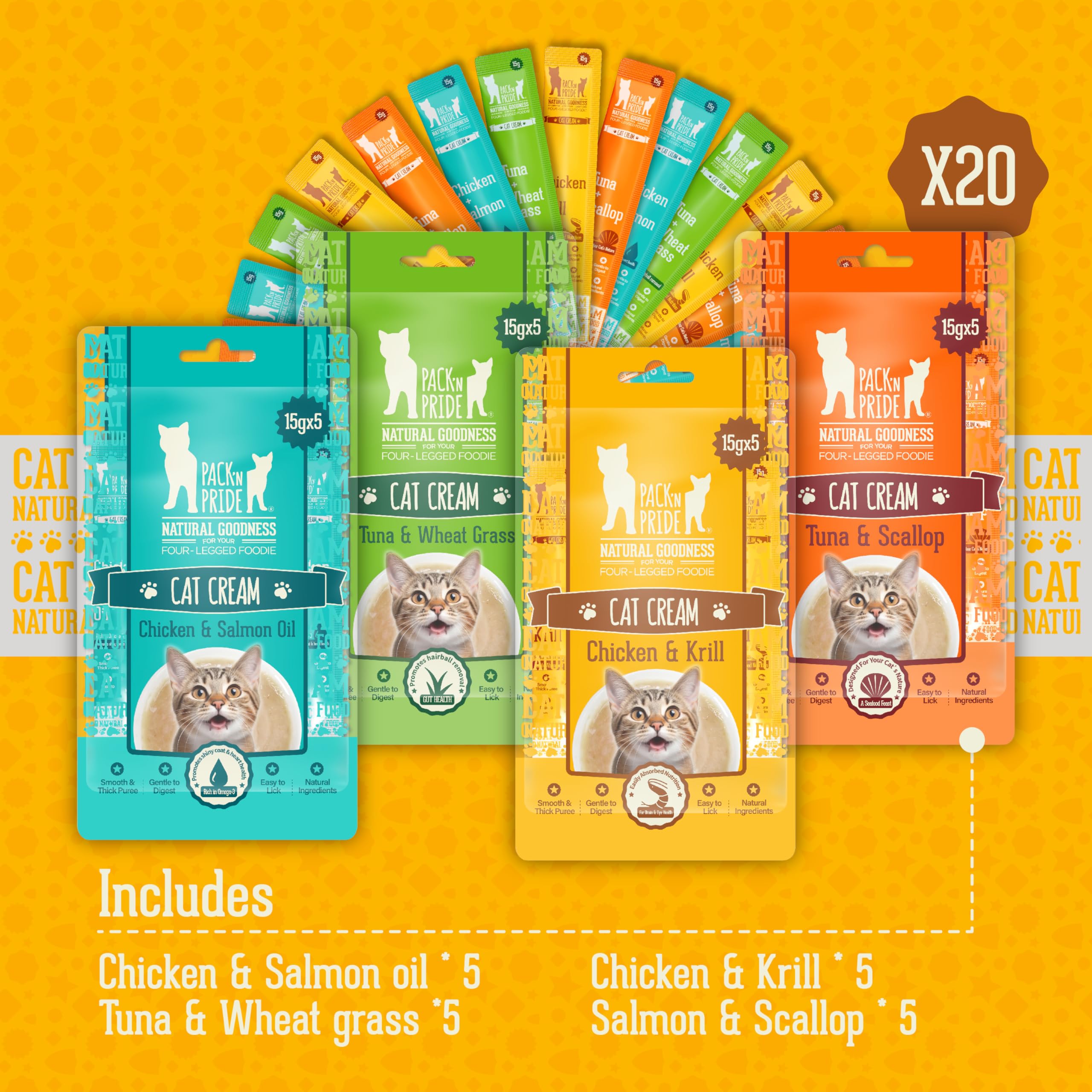 PACK’N PRIDE Cat Treats, 20 x 15g (300g Total) Creamy Cat Lick Sticks, 4 Mixed Flavors (Chicken & Salmon Oil - Image 2