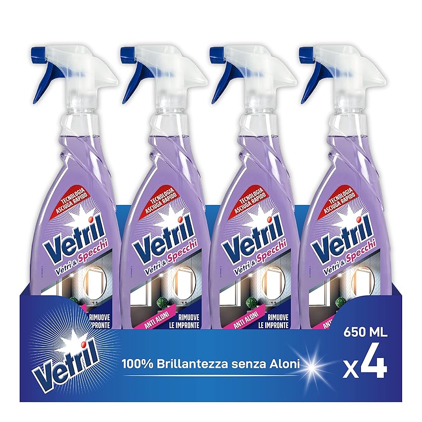Vetril - Detergente Spray Vetri e Superfici con Antipolvere, Azione Antistatica e Brillantezza Senza Aloni, Ipoallergenico, 650 ml x 4
