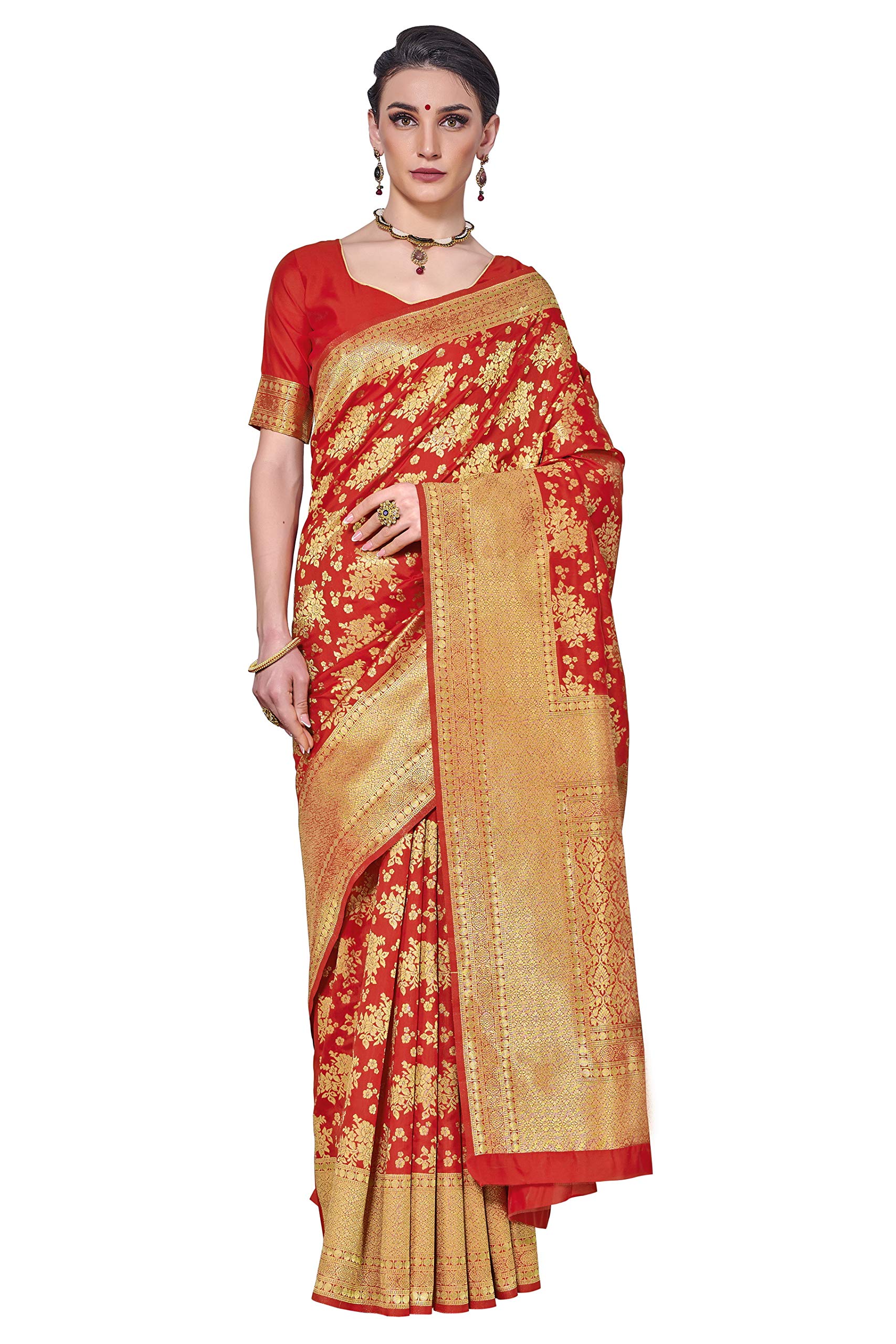 Glory Sarees Womens Banarasi Silk Saree With Blouse Piece (Gs_Kara144_Red)
