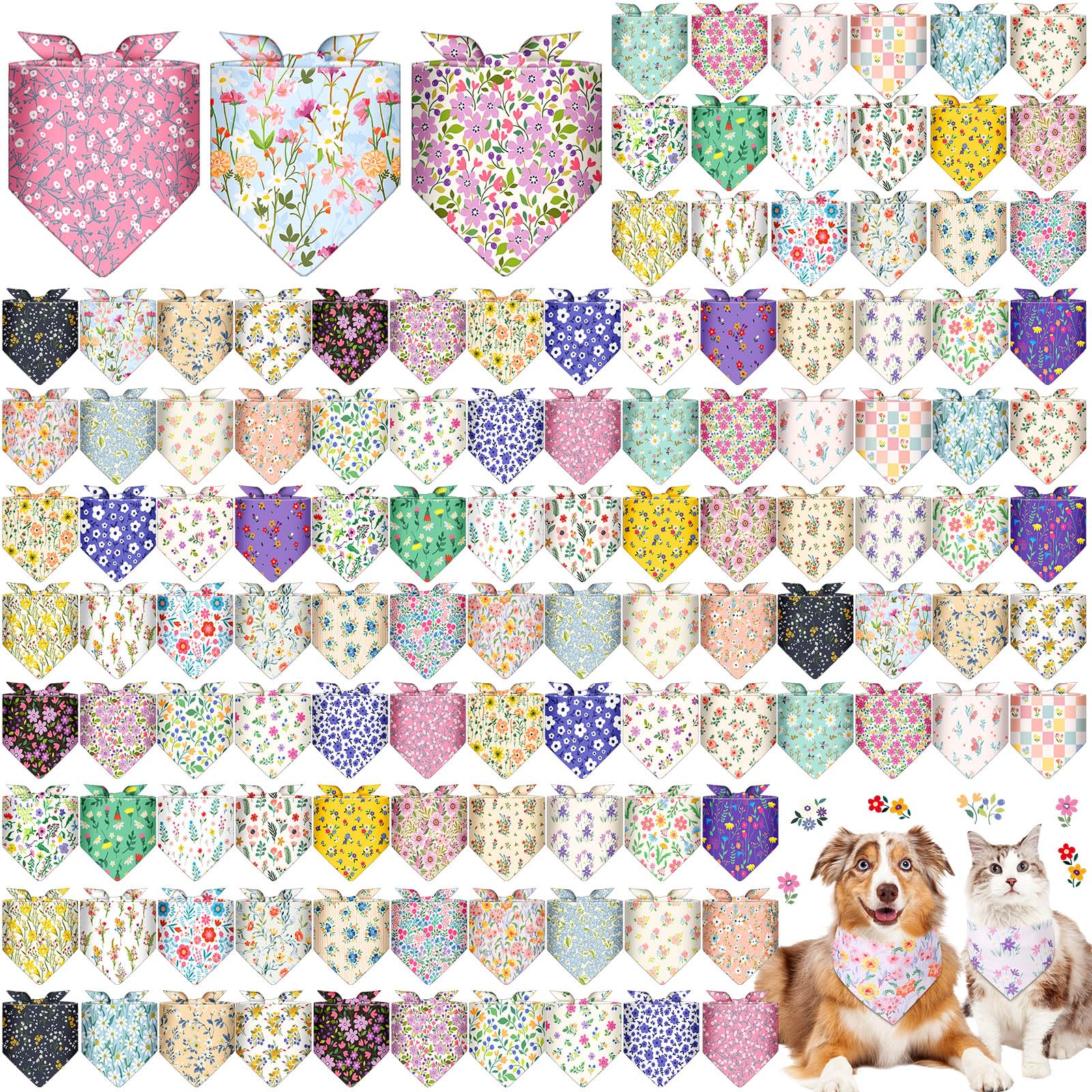 Reginary Paquete de 120 bandanas para perro, bufanda ajustable para perros de primavera, bufanda floral para mascotas, bufandas lavables triangulares, baberos para gatos y mascotas