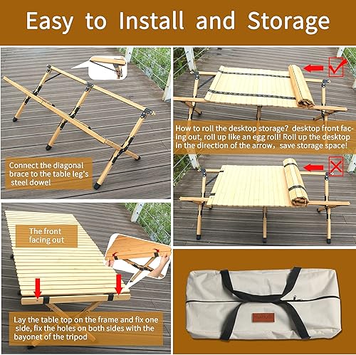 Miniatura 5 de Mesa de picnic baja portátil, mesa de camping plegable de bambú de 4 pies con bolsa de transporte y mantel, mesa de playa plegable para camping,