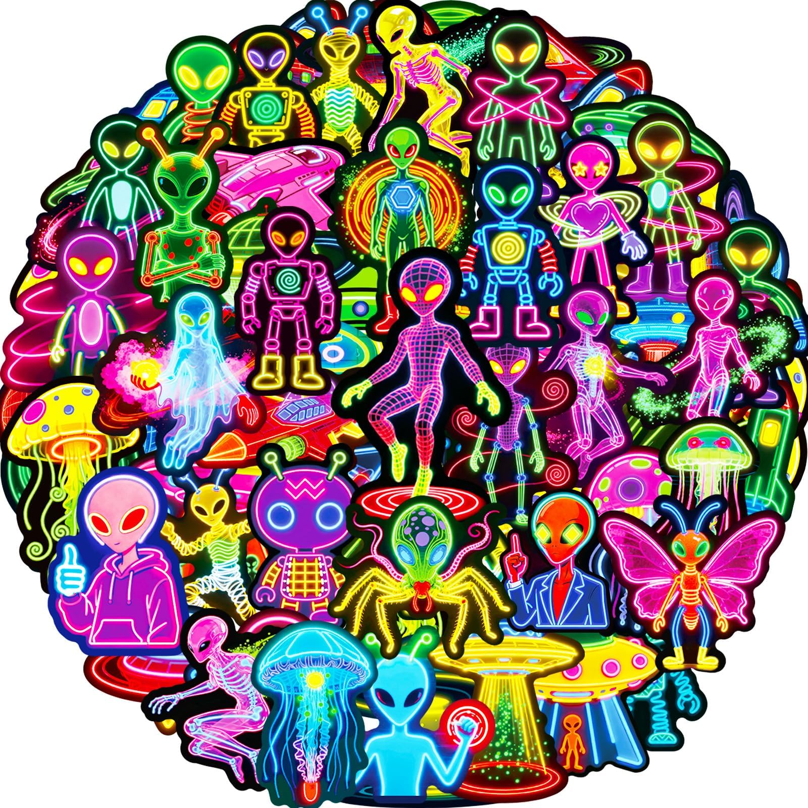 Alien Stickers 56 Pcs Cool Neon Space Sticker Pack, Reward & Prizes for Kids Classroom, Waterproof Vinyl Stickers for Water Bottles, Scrapbook, Journal, Skateboard, Cup, Laptop, Notesbook, Luggage etc