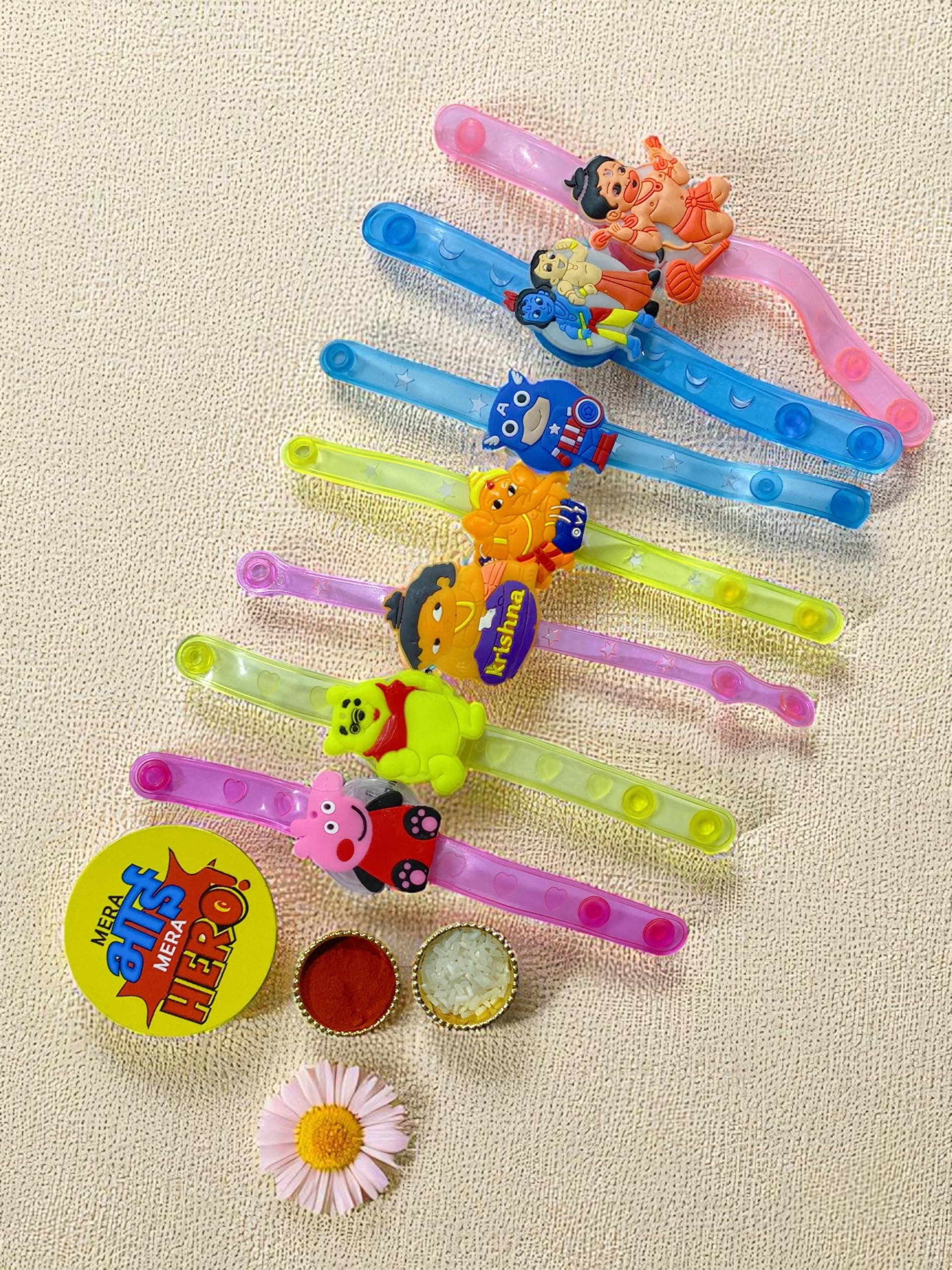 Evisha 2 Pcs LED Assorted Cartoon Character Rakhi with Fridge Magnet Combo For Kid Children Brother Bracelet Roli Chawal Packet 1