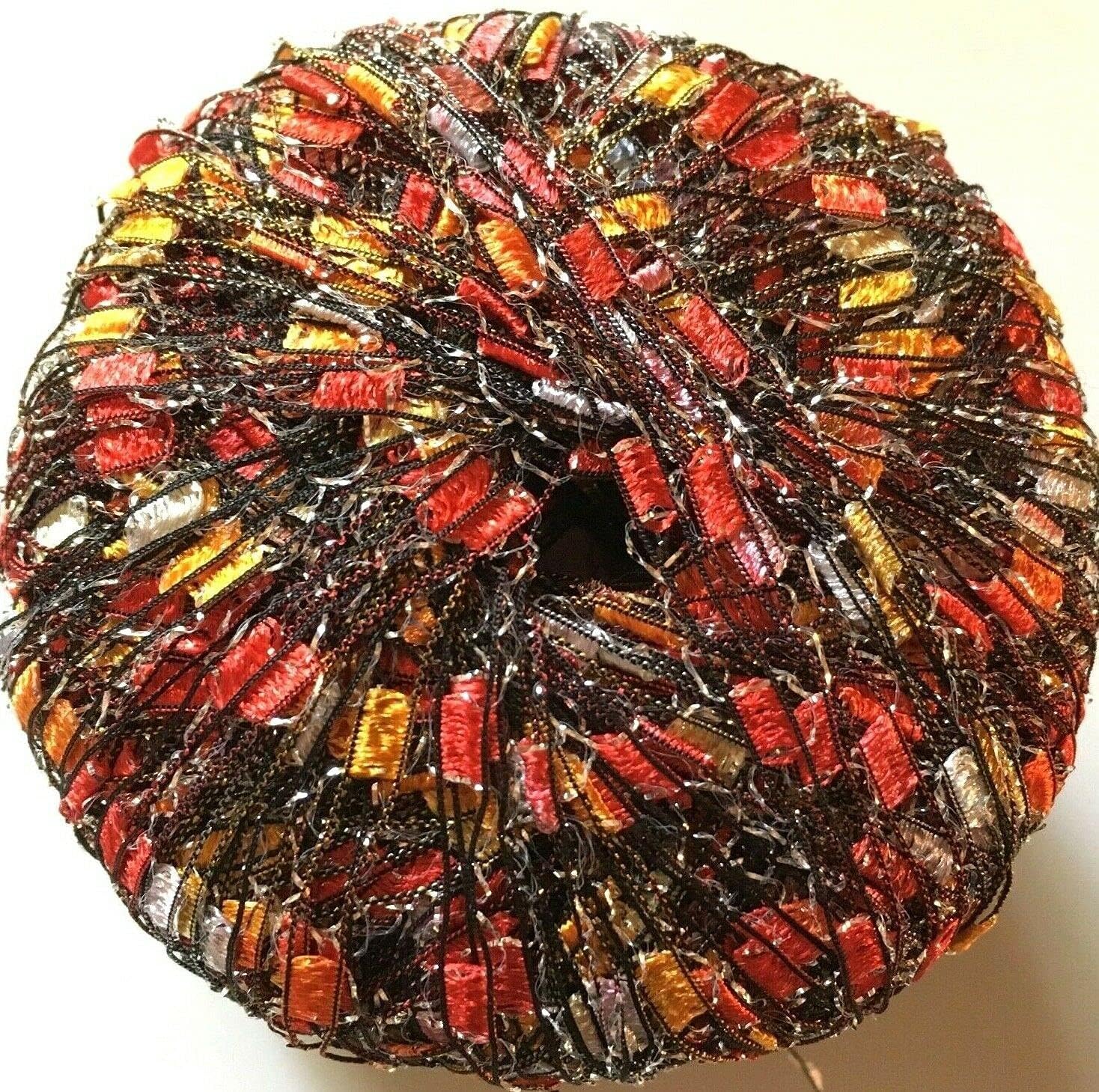 Flame Glitz Ladder Ribbon Yarn Dark Horse Beautiful #B105 Red Orange White Silver + Metallic Ladder
