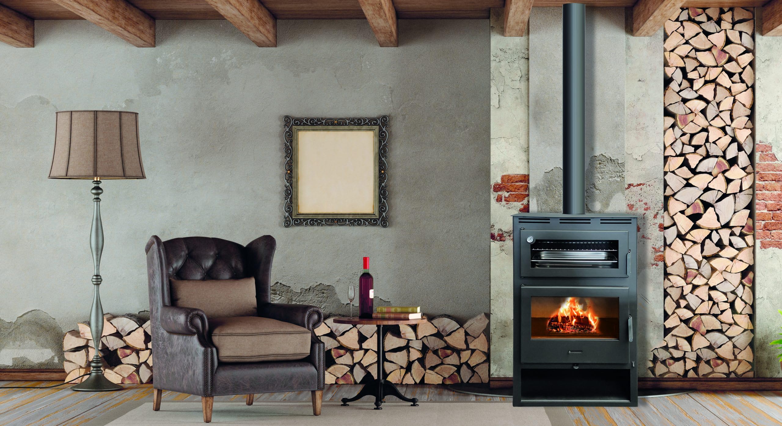 MF Poêle à bois avec four et turbines Nadia de 13,4 kW avec vision panoramique, four réfractaire et contrôle numérique – Comprend 2 turbines, thermostat et télécommande