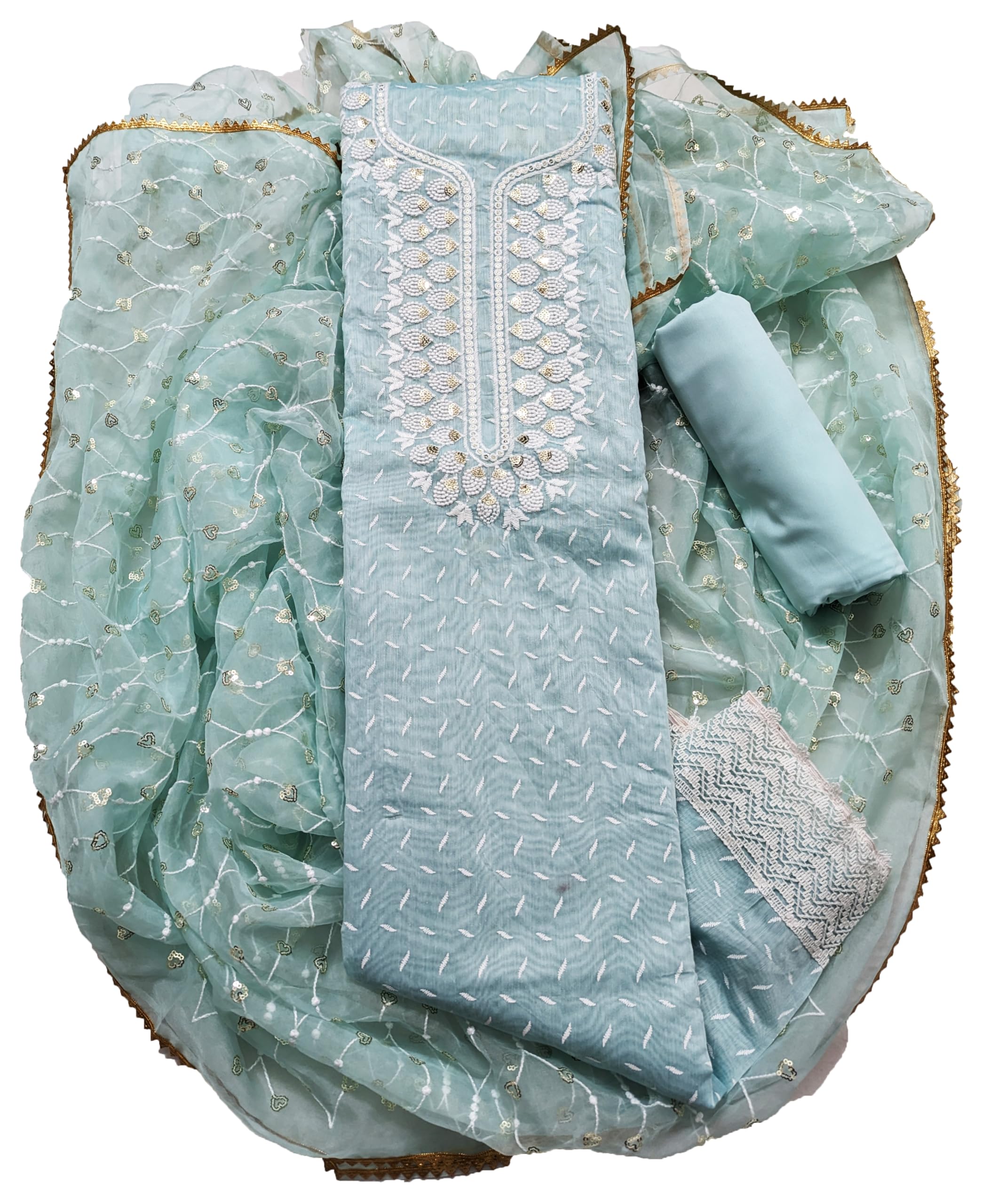 Rubani Women's Heavy Chanderi Cotton Embroidery Work Unstitched Salwar Suit Dress Material With Organza Work Dupatta(Free Size)