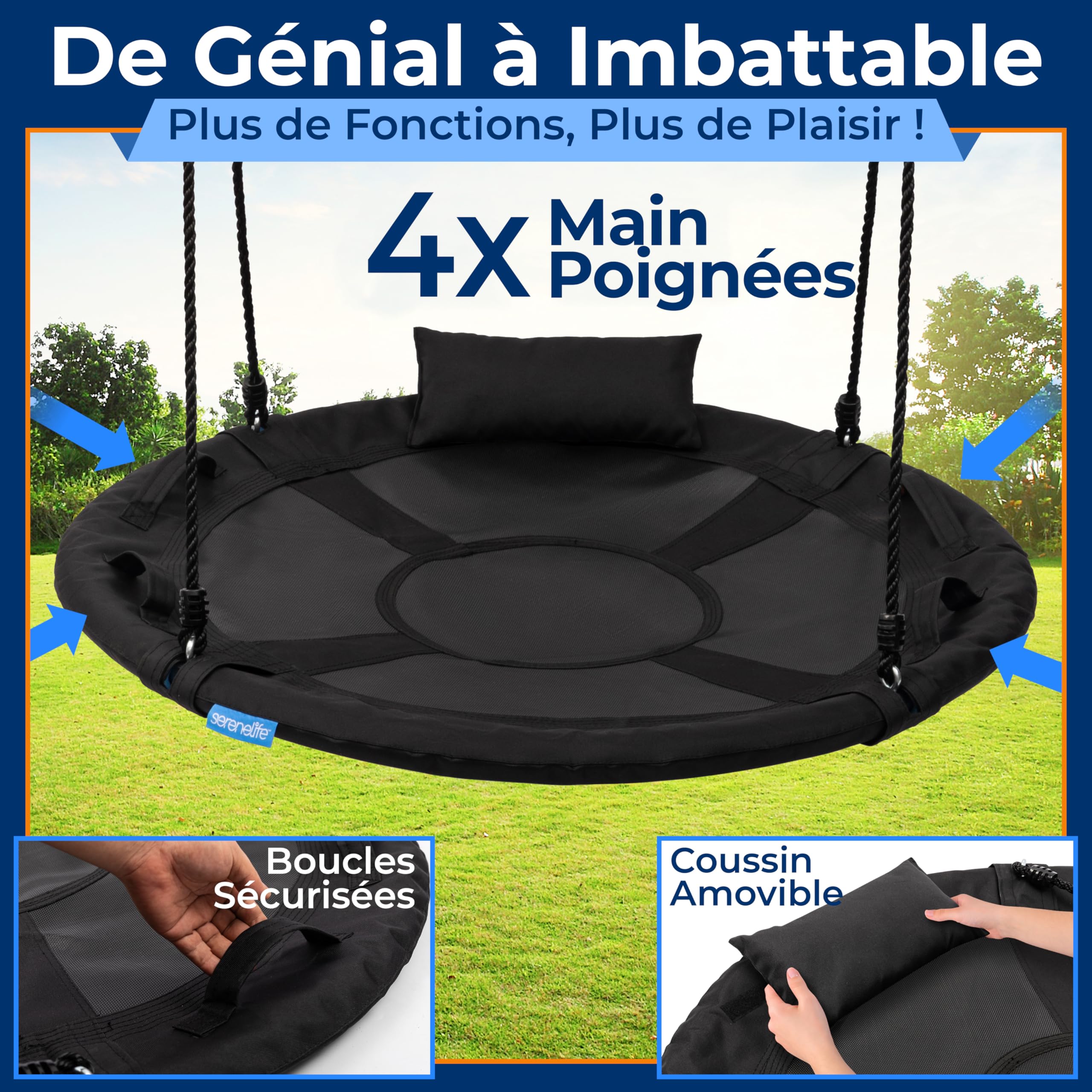 SereneLife Balançoire Exterieur Tournante 100 cm avec Coussin – Siège Extérieur Imperméable avec Sac, Charge 317 kg | Kit de Suspension Universel, Tapis Résistant à l’Eau, Noir