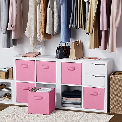 Vista 28 de Juego de 8 cubos de almacenamiento cestas plegables de tela con asas duales. Cubos de almacenamiento Organizador de estantes de armario Blanco