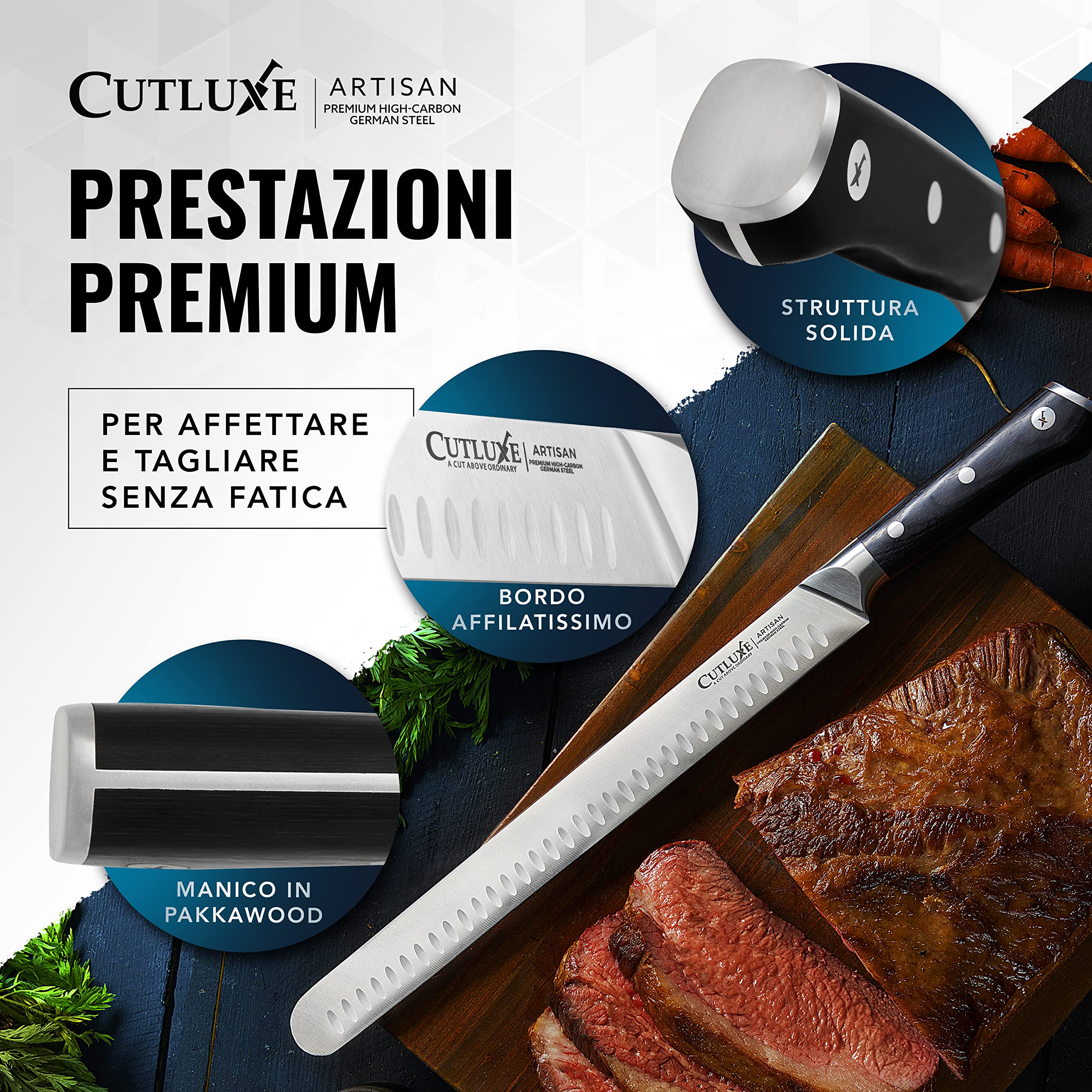 Cutluxe Coltello da Prosciutto Professionale - 30cm Coltello per Affettare Salumi e Carne - Acciaio al Carbonio, Lama Affilata e Resistente con fodero - Artisan Series