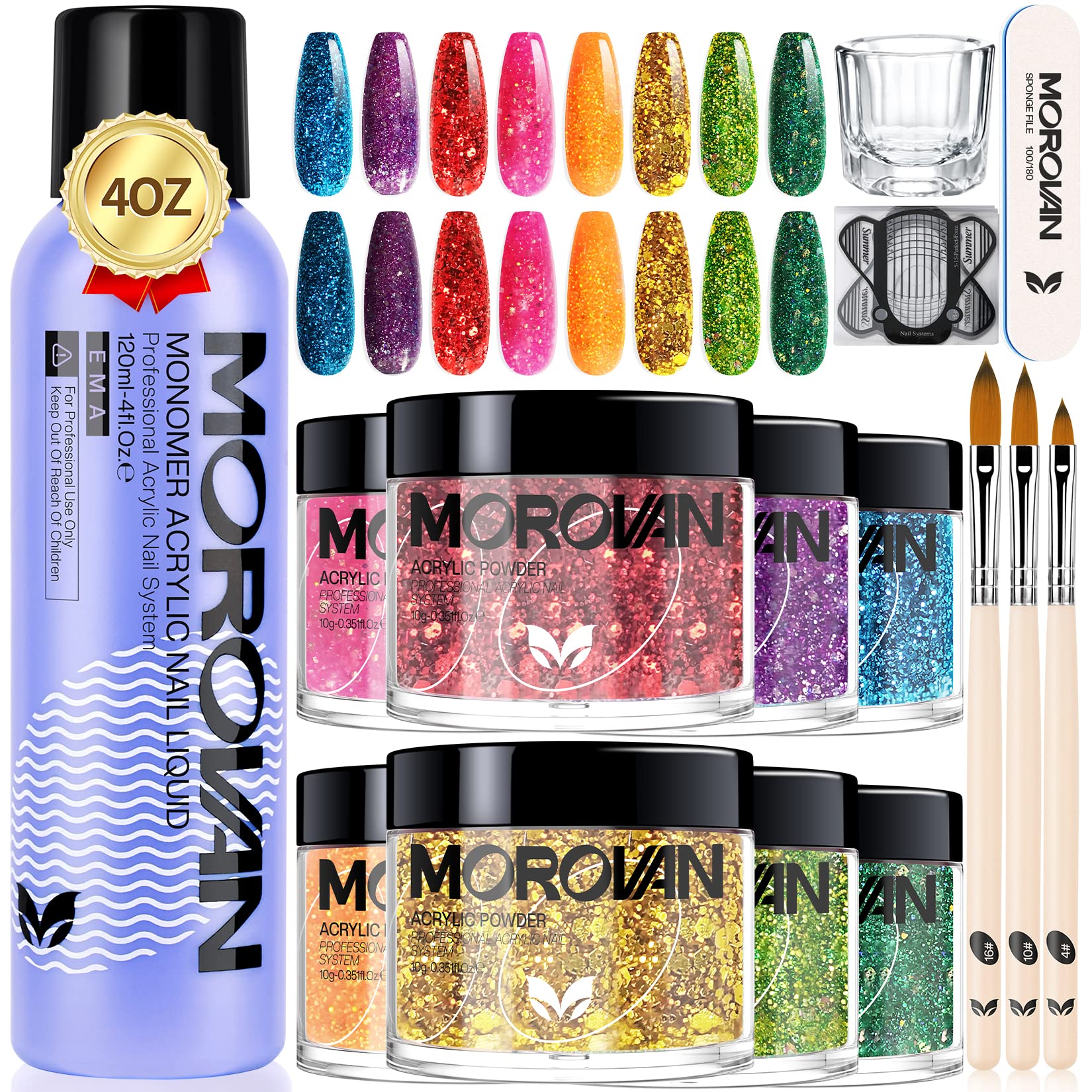 Morovan Acrylic Nail Kit - Professional Acrylic Powder and Liquid Set 8 Colors Acrylic Nail Powder with Acrylic Nail Brush Nail Forms Tips for Acrylic Nail Art Extension Beginners