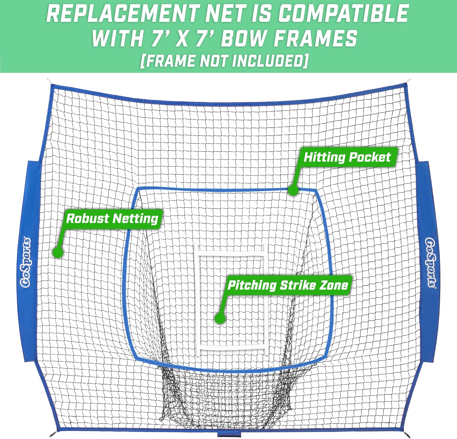 GoSports Replacement 7 x 7 ft Baseball Net - NET ONLY - Frame NOT Included - Choose Your Color