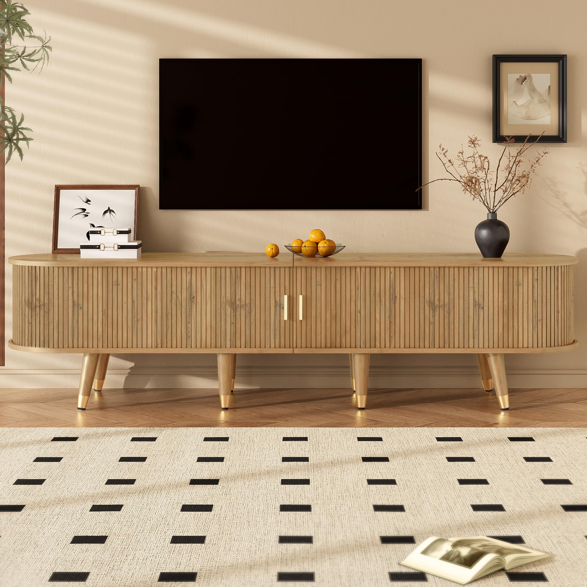 Mobile basso per TV, 175 cm, noce, con anta scorrevole in rattan, scomparti aperti e cassetti, portata 60 kg, stile rustico per soggiorno