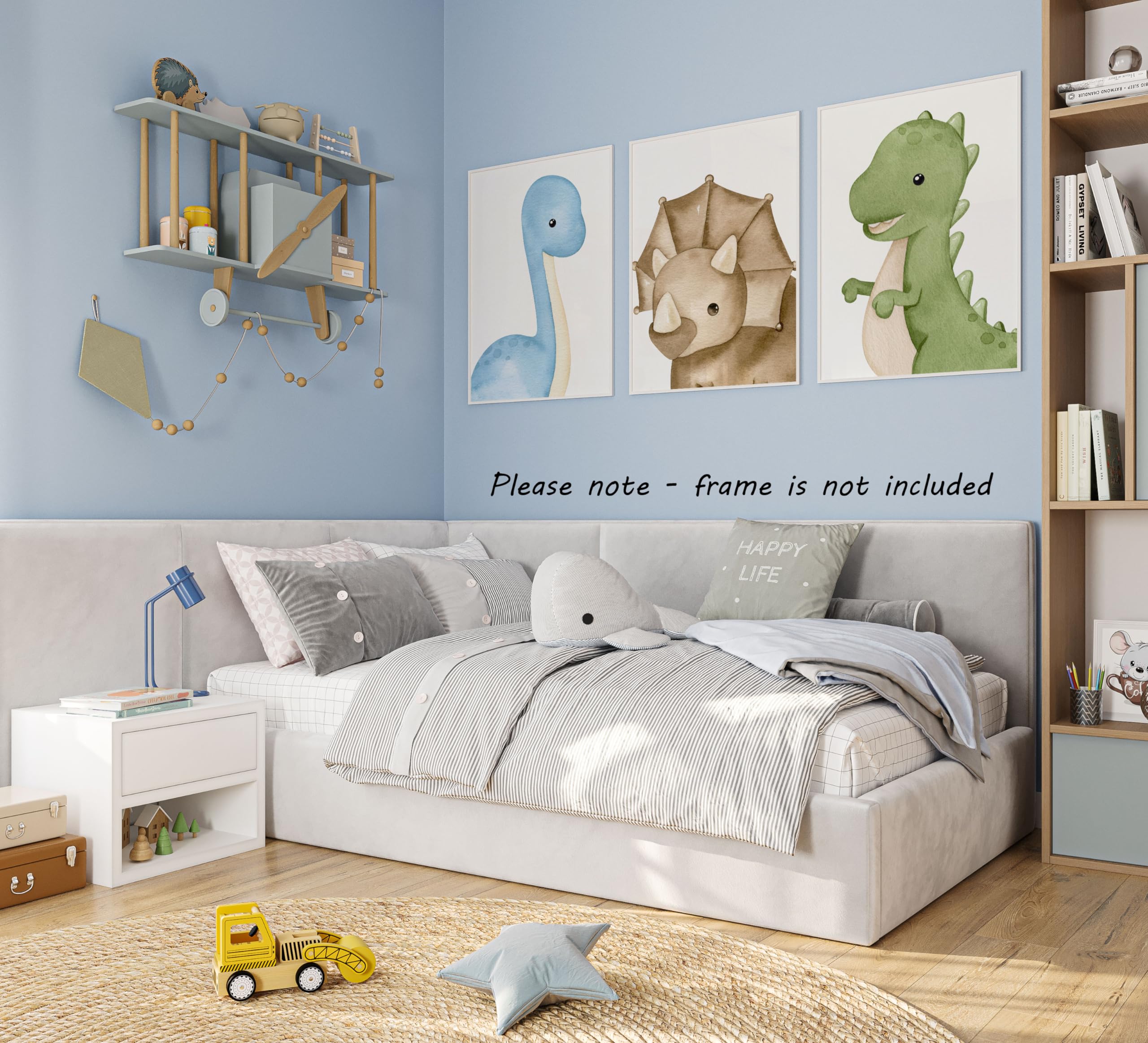 Baby Dinosaurs Set of 3 Unframed Poster Prints, Boy Girl Nursery Bedroom, Watercolour Design, Wall Art Decor, Tyrannosaurus Brachiosaurus Triceratops Blue Green Brown (A3) - Image 2