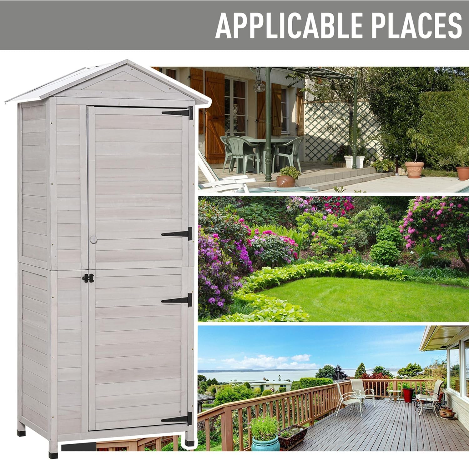 Garden Storage Shed 4-Tier Wooden Light Gray Accent Tin Roof Lockable Magnetic Latch Enhanced Stability Durable Longevity Protection