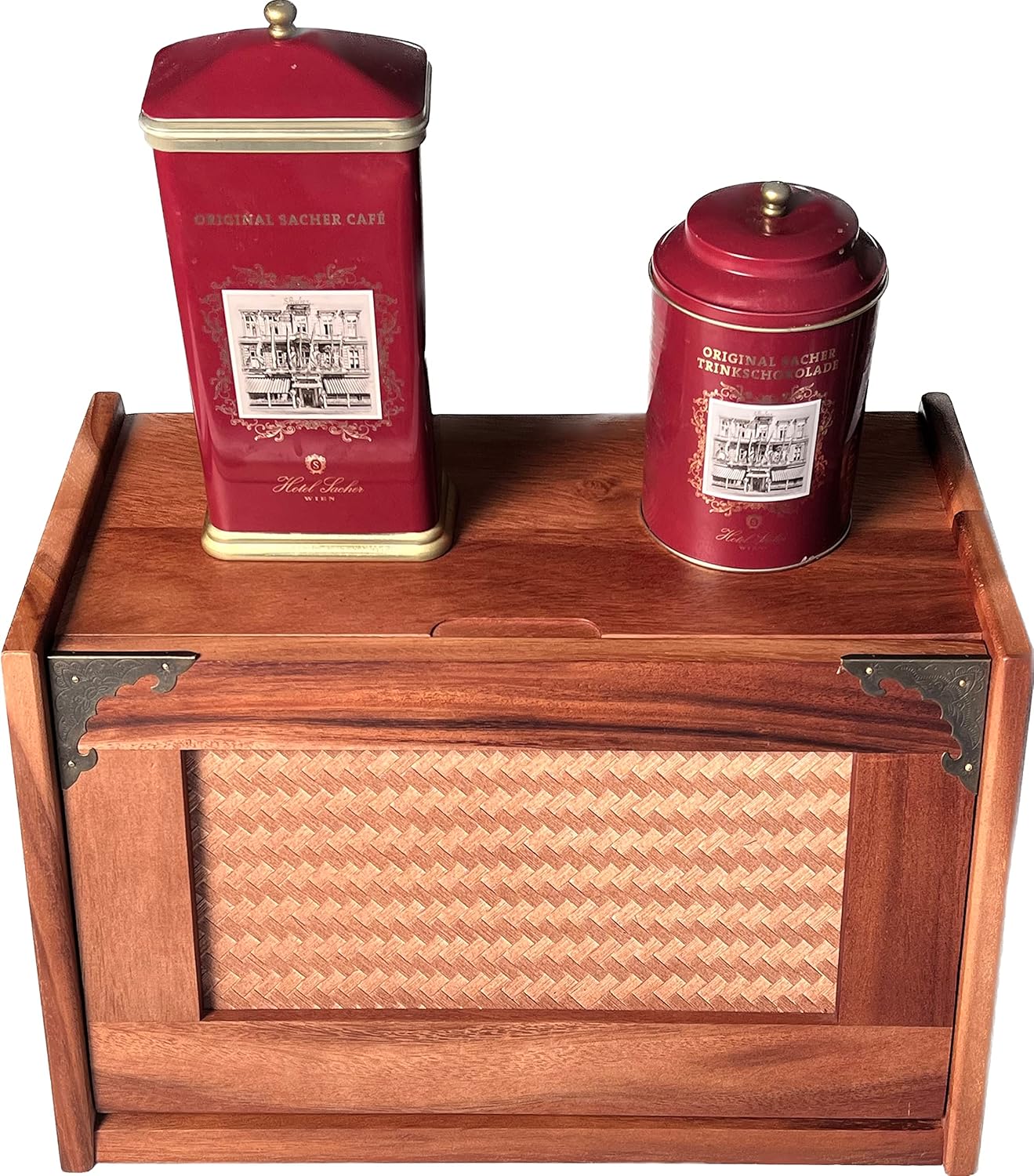 Premium Extra Large Acacia Wooden Bamboo Bread Box | Bread Storage & Organizer | Kitchen Organizer with Rattan Pull-Down - 16"x 10.5"x 9"