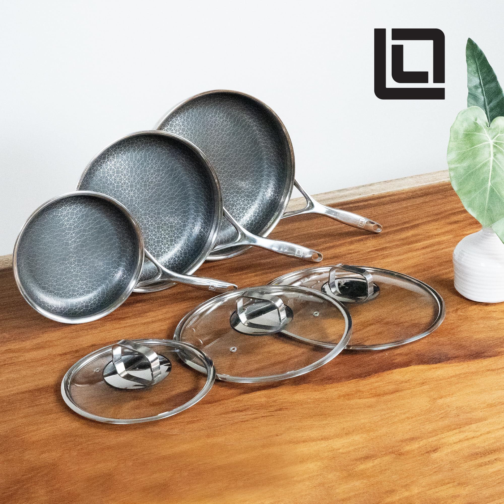 LIVWELL DiamondClad Nonstick Stainless Steel Fry Pan Set - Kitchen Gift Hybrid Cookware Set with Tempered Glass Lids - 8, 10 and 12 Inch - Dishwasher Safe, PFOA-free Cookware - Silver/Black