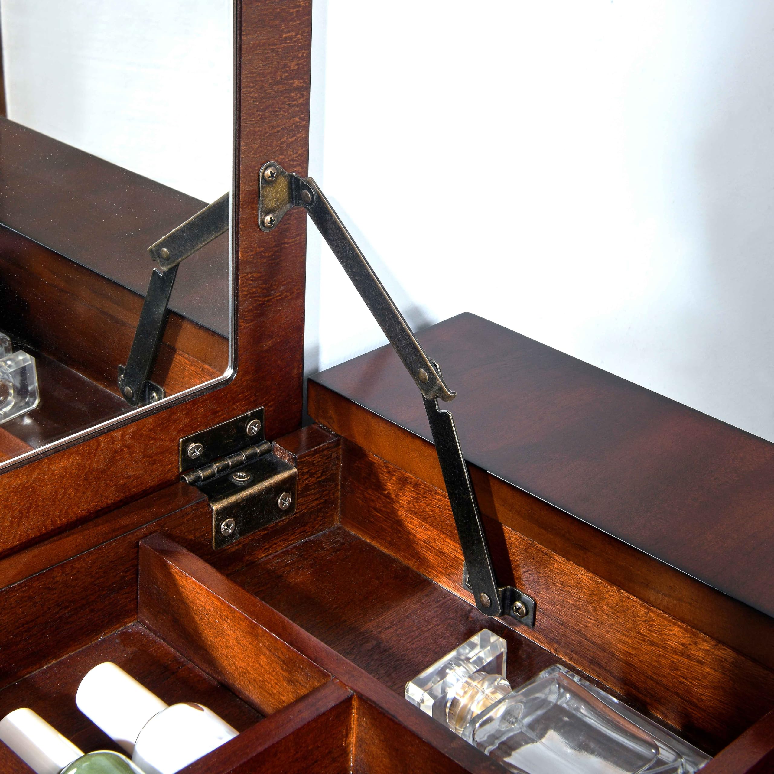 Kleiner Schminktisch mit klappbarem Spiegel und versteckten Stauraumfächern, Holz-Computer-/Schreibtisch mit 2 Schubladen, einfach zu montierender Frisiertisch Schlafzimmer, Dunkelkirschrot SZT-D0036