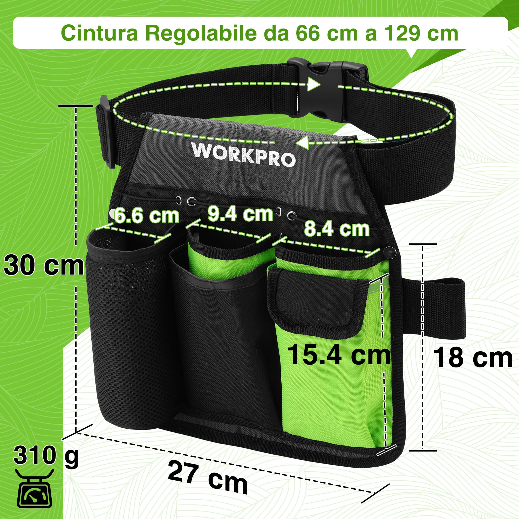 WORKPRO Cintura da Giardinaggio, Borsa Attrezzi da Giardino con 5 Tasche e Cintura Regolabile, Borsa da Giardinaggio per Donne e uomini, Ottimi Regali da Giardinaggio per Falegnami e Giardinieri