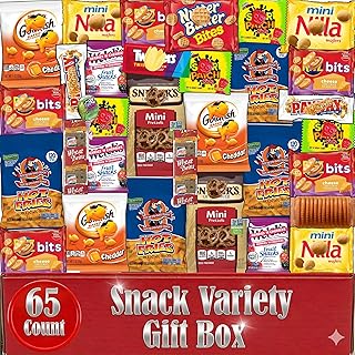 Snack Box Variety Pack, 65 Count, Care Package for Adults and Kids, Assortment of Snacks and Candy, Bulk Individually Wrapped Assorted Sampler Mix, Gift Basket for Men Women College Office