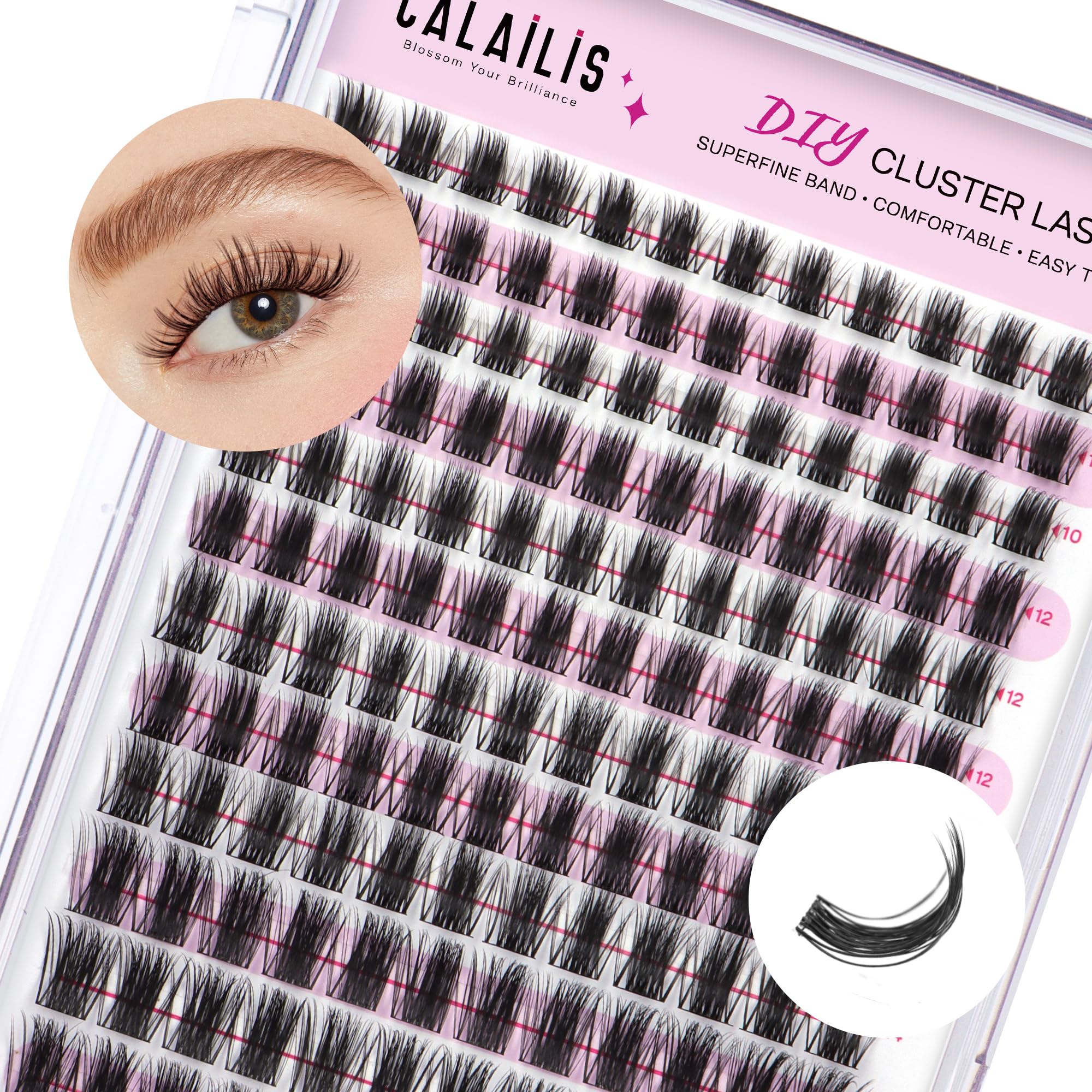 CALAILIS Cluster Lashes 144Pcs D Curl Lash Clusters Natural Fluffy and Wispy Lashes Individual Cluster Super Thin Band Individual Eyelashes Soft and Comfortable for All Day (HD19)