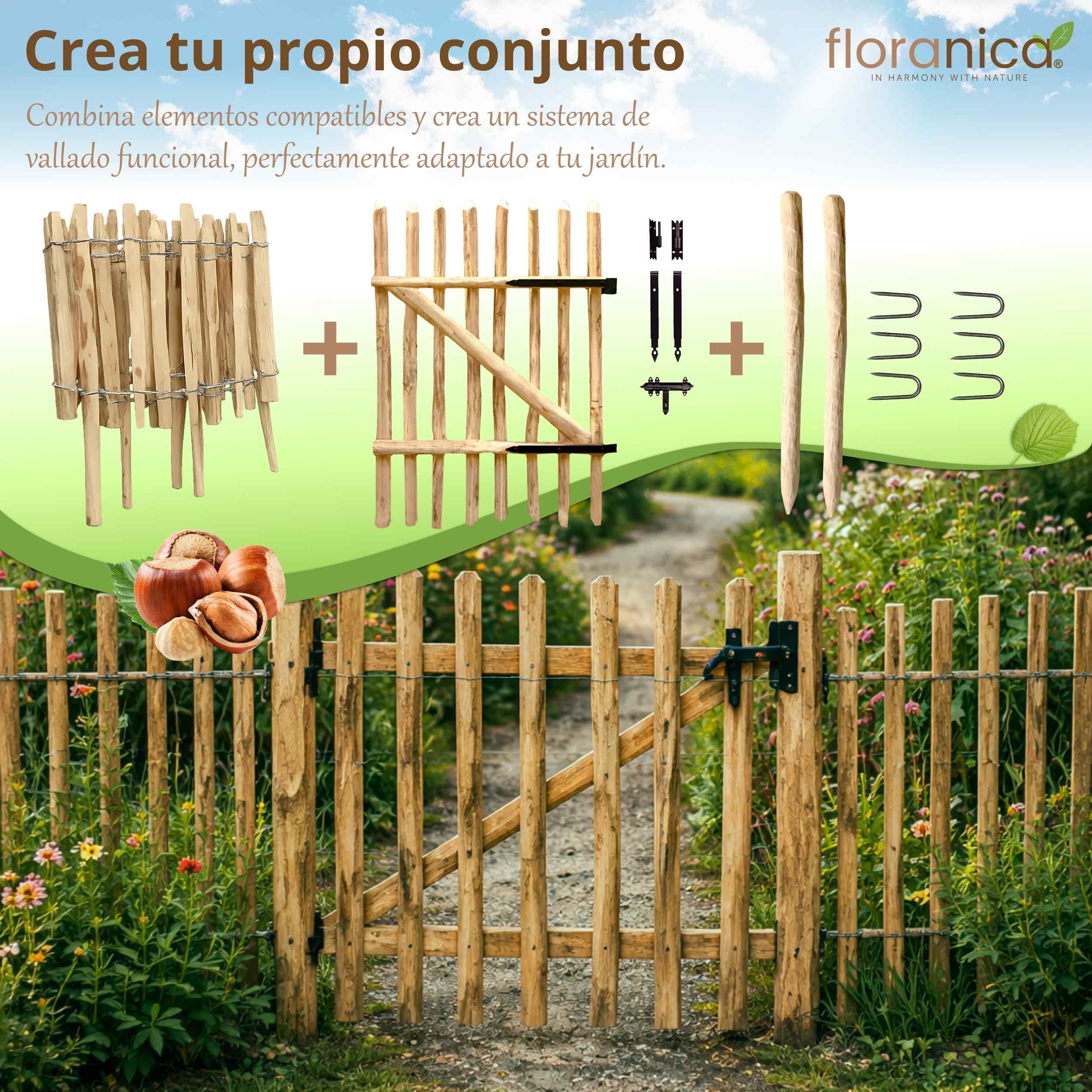 Floranica Valla de estacas de avellana con postes altura 50 cm x 5 m distancia entre lamas 4-6 cercas de jardín de castaño Valla de madera bordes de parterre vallas enrollables