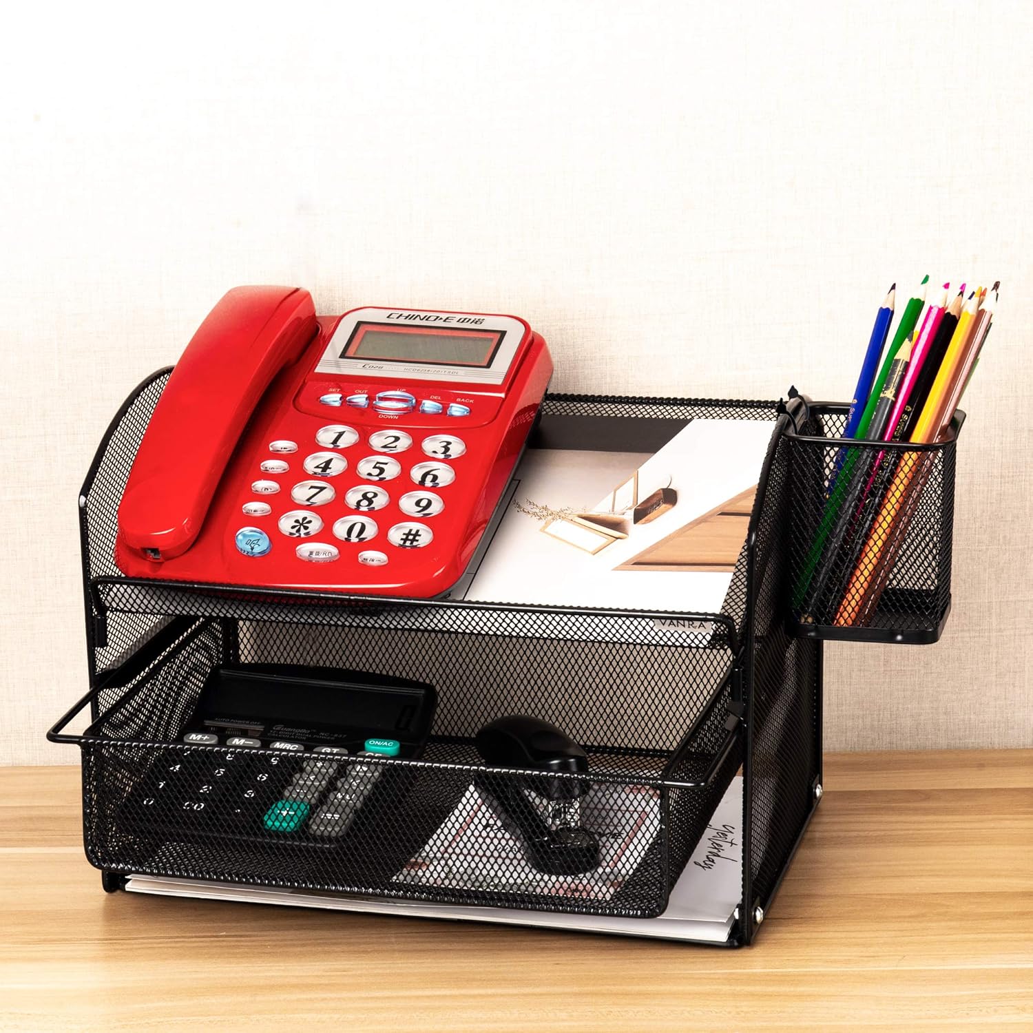 VANRA Desk Organizer Set Metal Mesh Desktop Telephone Stand with Pencil Cup Holder, 2 Piece Black : Office Products