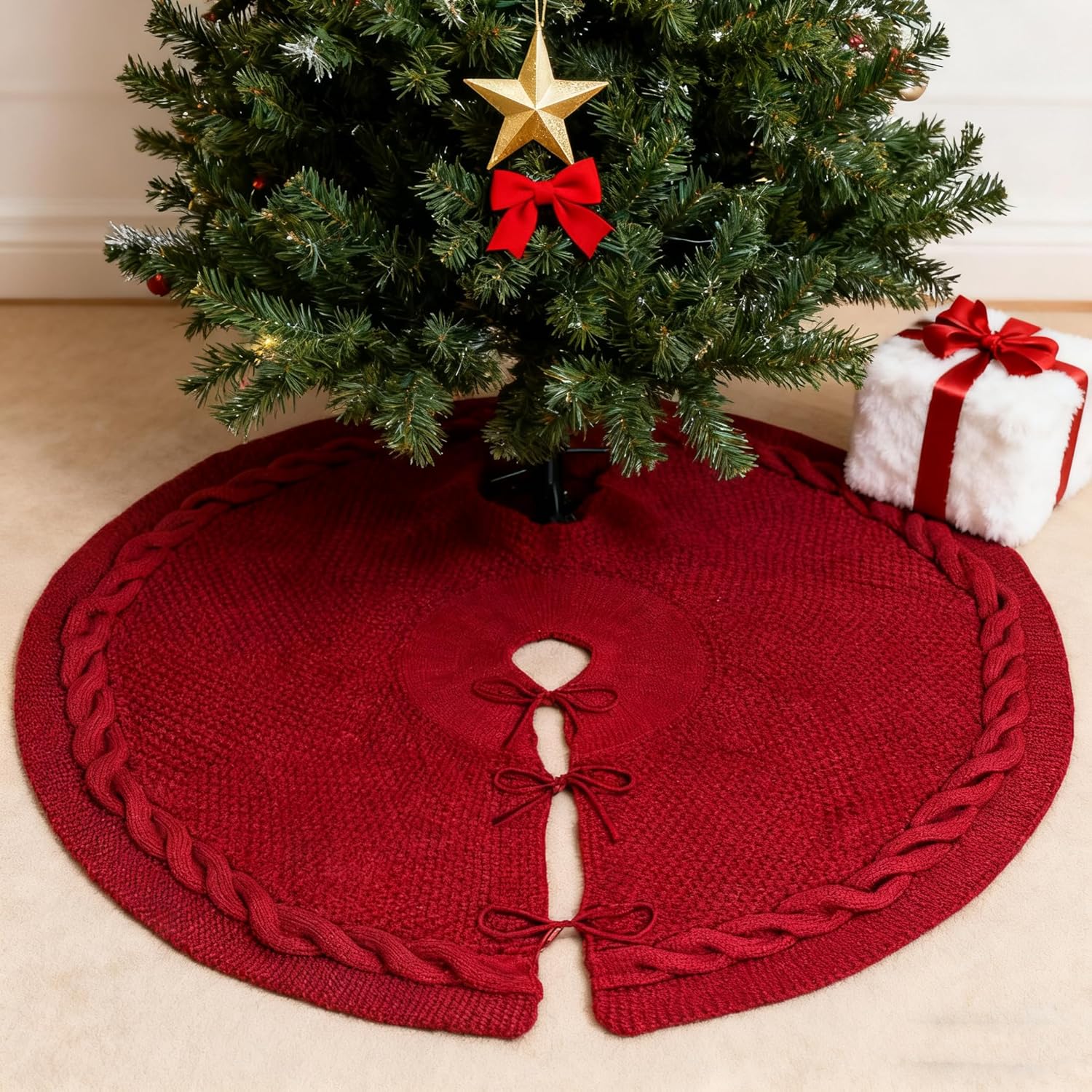 36-Inch Christmas Tree Skirt, Twisted Tie-Belt Knit Tree Skirt, Retro Rustic Farmhouse Christmas Decor, Round & Substantial, Fits 4-6 FT Xmas Trees, Perfect for Parties, Holiday Home Decor(Red)