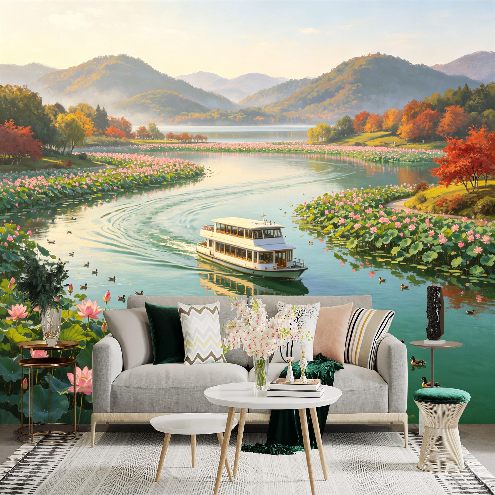 Custom Size Wall Sticker Mural， Scenic Lake with Lotus Flowers， Pleasure Boat， Autumn Mountains， Peaceful Water Landscape， for wall Decoration， peelandstick wall Decals.