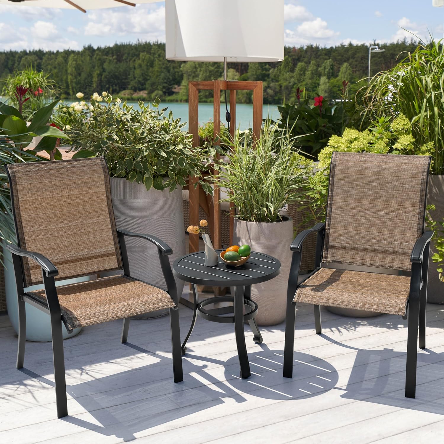 NUU GARDEN 3 Piece Outdoor Bistro Set, 2 Patio Chairs and 20" Round Bistro Table, Textilene Fabric, Powder-Coated Iron Frame, for Patio, Deck, Garden, Backyard, Black and Brown