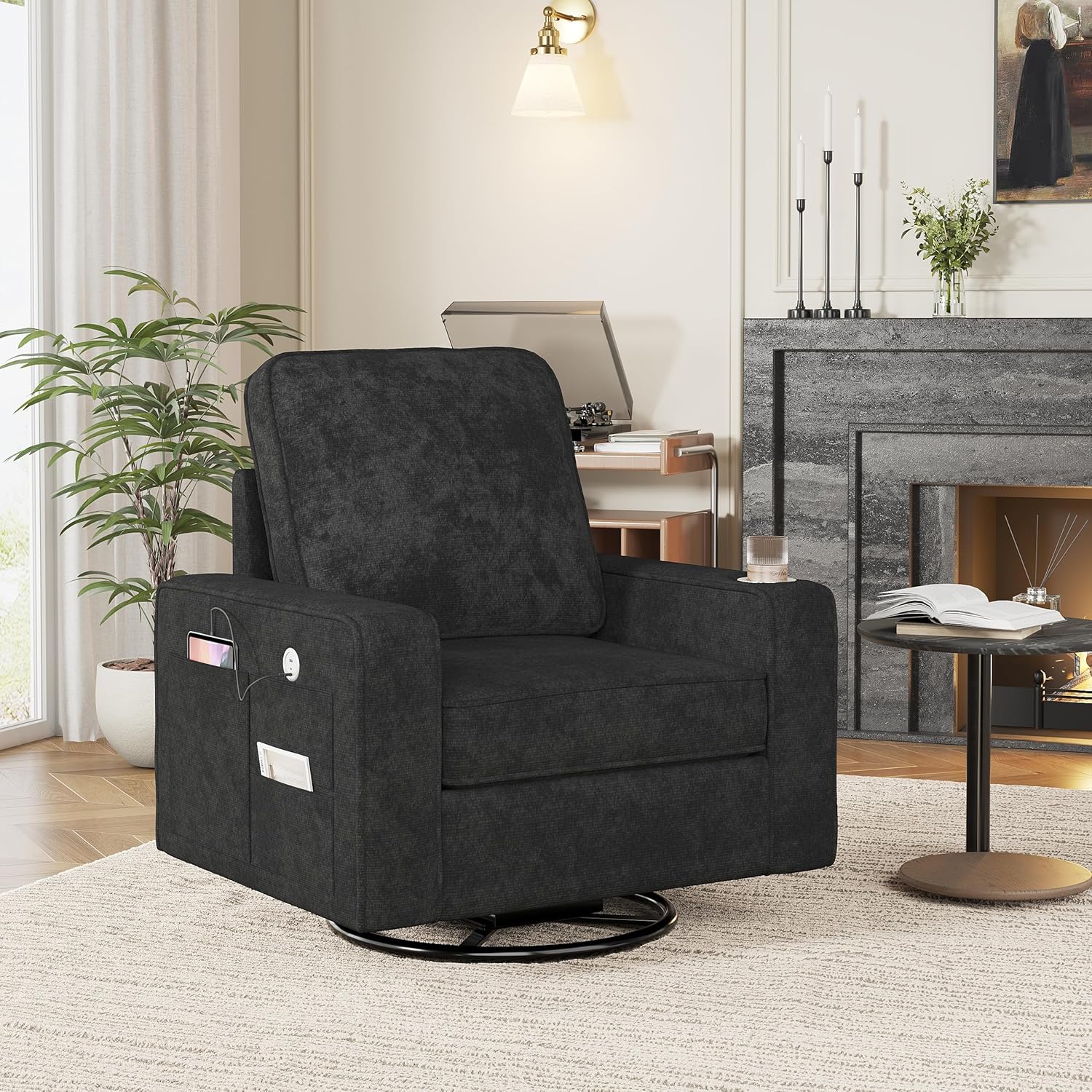 Swivel Square Accent Chair with Wide Armrests,360° Rotating Comfy Single Sofa Chairs with USB/Type-C,Cup Holder & Side Pocket,Modern Armchair for Living Room Bedroom Reading Lounge Nook,Dark Grey