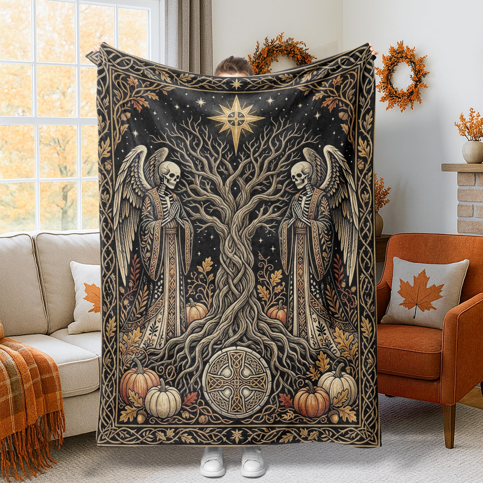 Manta de calavera gótica decorativa de Halloween negra acogedora ligera