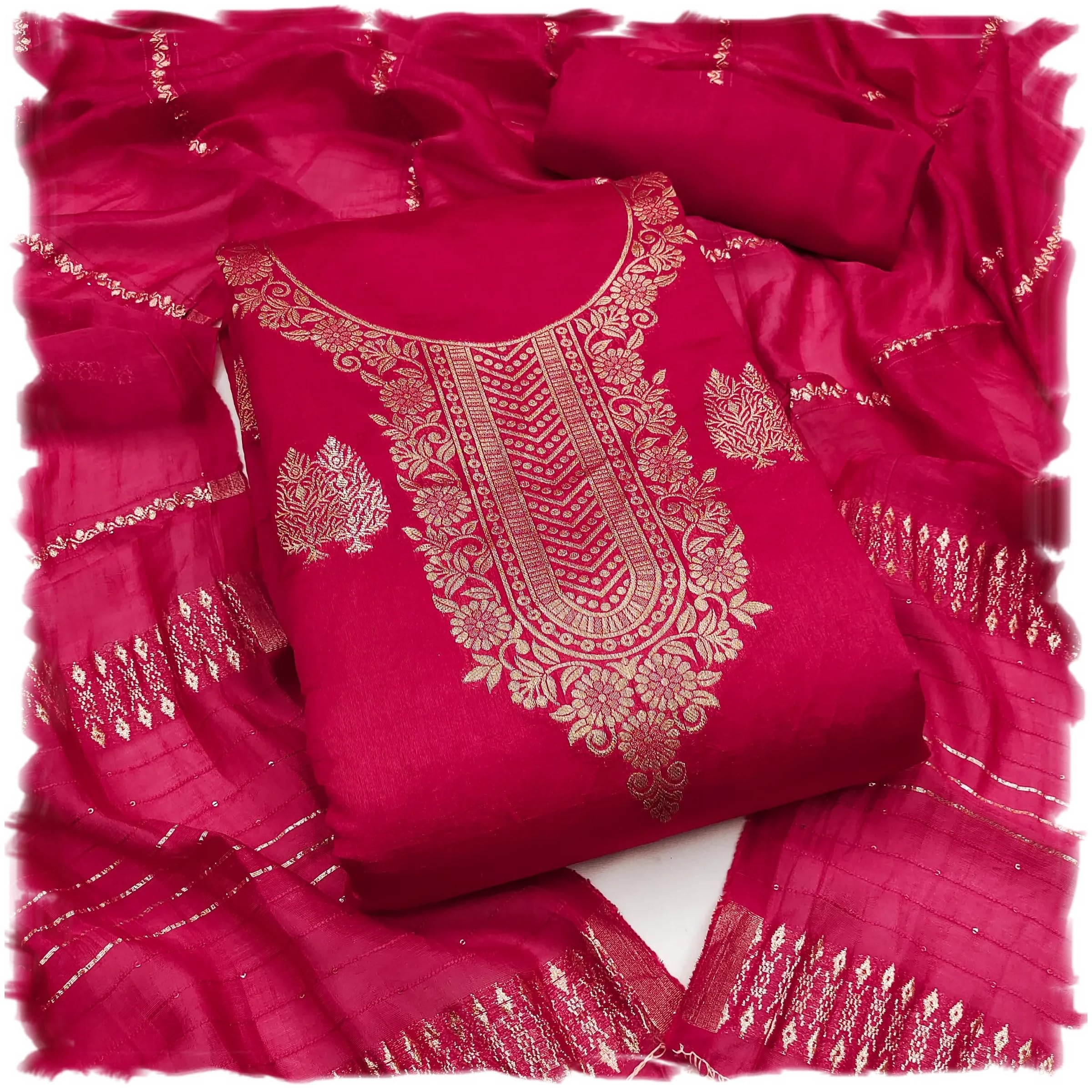 Women's Dyable Banarasi Jacquard Unstitched Salwar Suit Dress Material With Mini Sequence Work Dupatta (DM Ikka_Free Size)