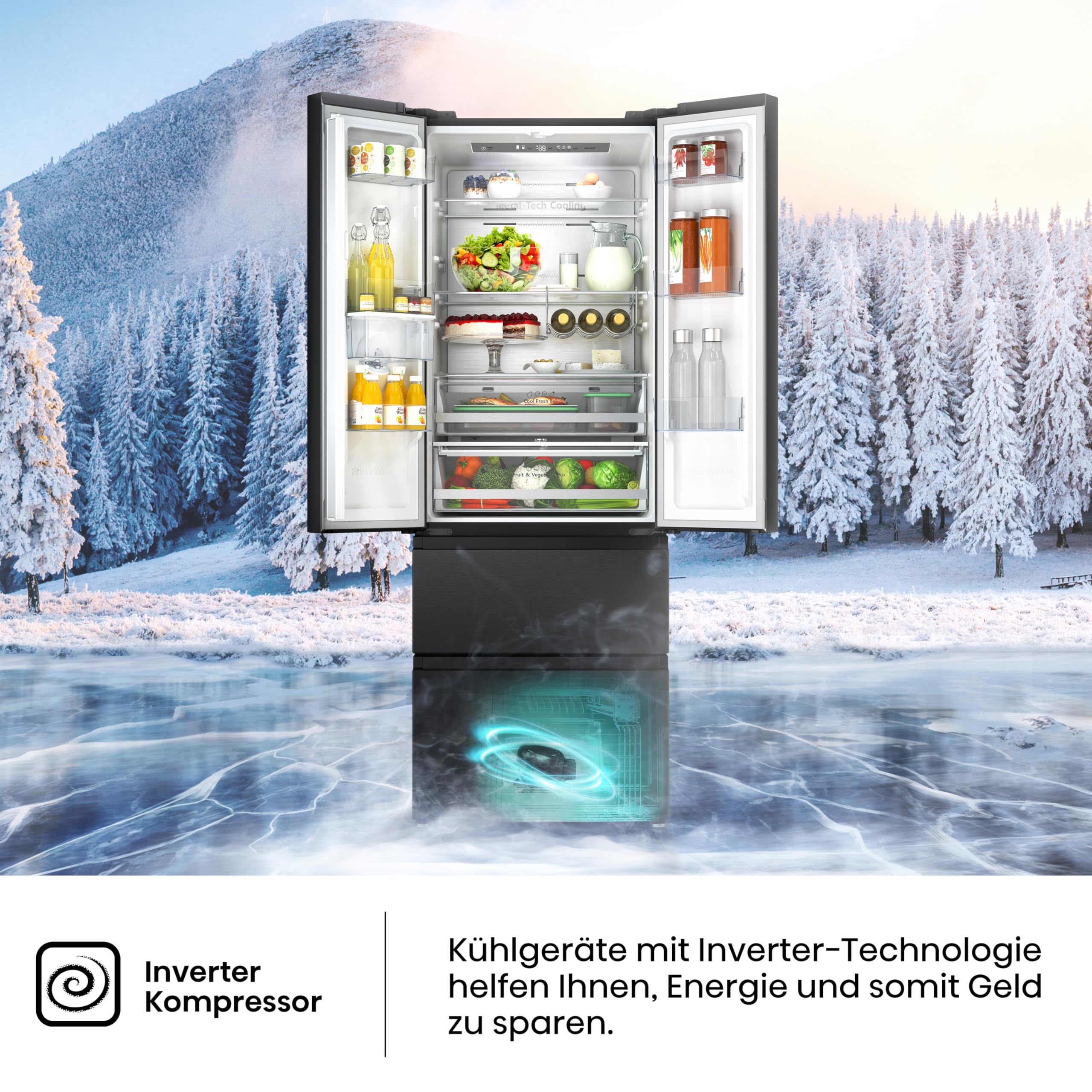 Hisense RF632N4WFE French Door Kühlschrank mit Wasserspender 70cm 485L Schwarz Energieklasse E