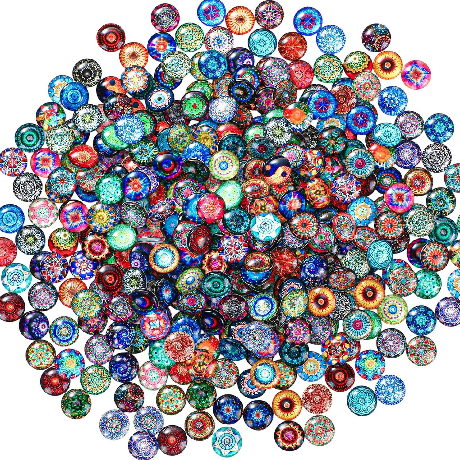 LemonRoad 400 Pcs Mandala Mixed Mosaic Tiles Bulk Printed Glass Dome Cabochons Mosaic Tile Assortment for DIY Crafts Crystal Supplies for Photo Pendant Jewelry Making, 14mm