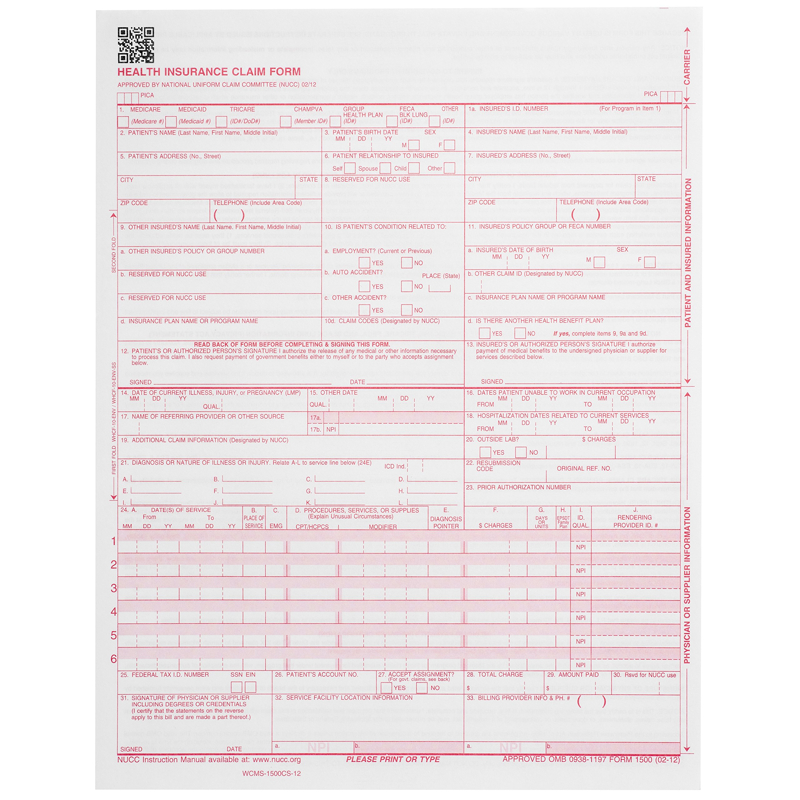 Blue Summit Supplies 500 formularios de reclamación CMS-1500 - Versión Actual HCFA 02/2012 - Los formularios se alinearán con Software de facturación y Compatible con láser - 500 Hojas - 8.5 Pulgadas