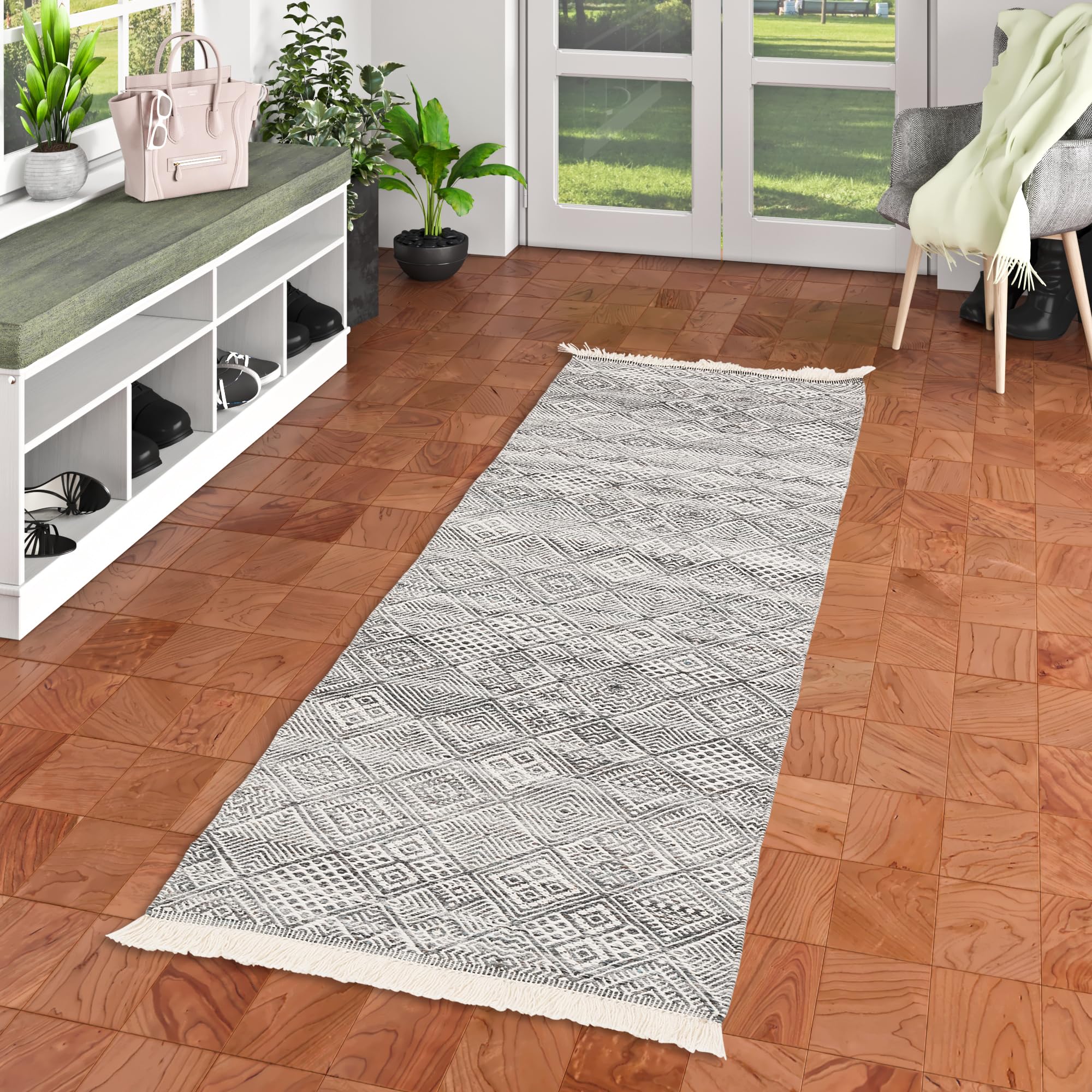 Tapis Durable Tapis de Passage Kelim Fina Anthracite Tendance 100% Pet en 3 Tailles