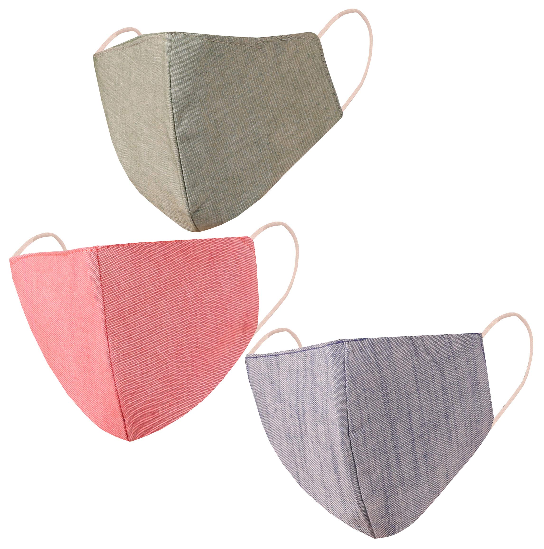 touchstone anti pollution smog smoke cold cough protective cotton face masks denim look double layer reusable machine washable for men, women. (pack of 3). blue pink green