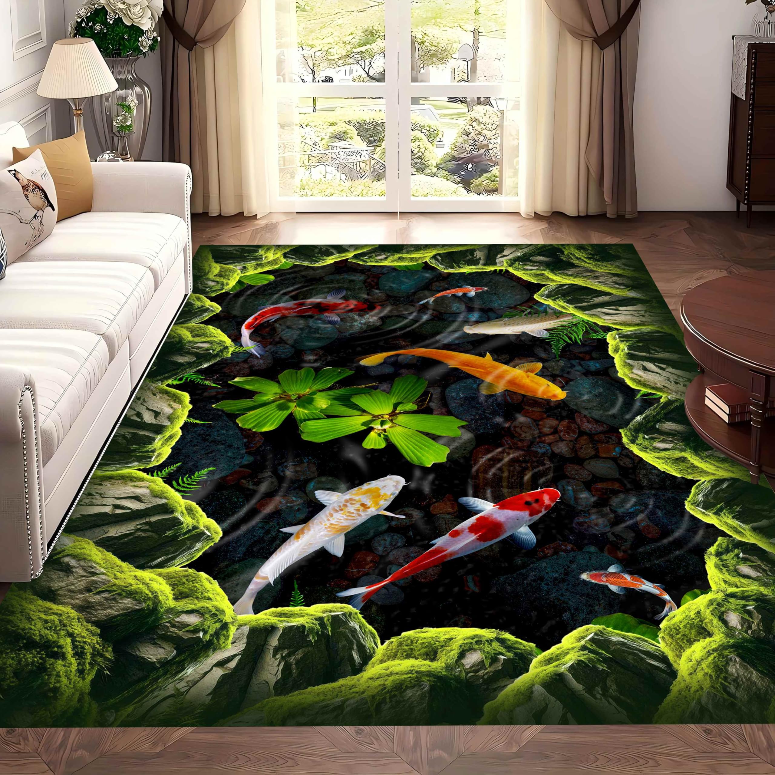 SOJAWA Illusion Area Rug, 160x230cm 3D Cliff Moss Stream Living Room Rugs, Koi Pebble Green Plant Interior Decoration Carpets, Stylish and Durable Low Pile Carpet With Non-Slip Rubber Backing