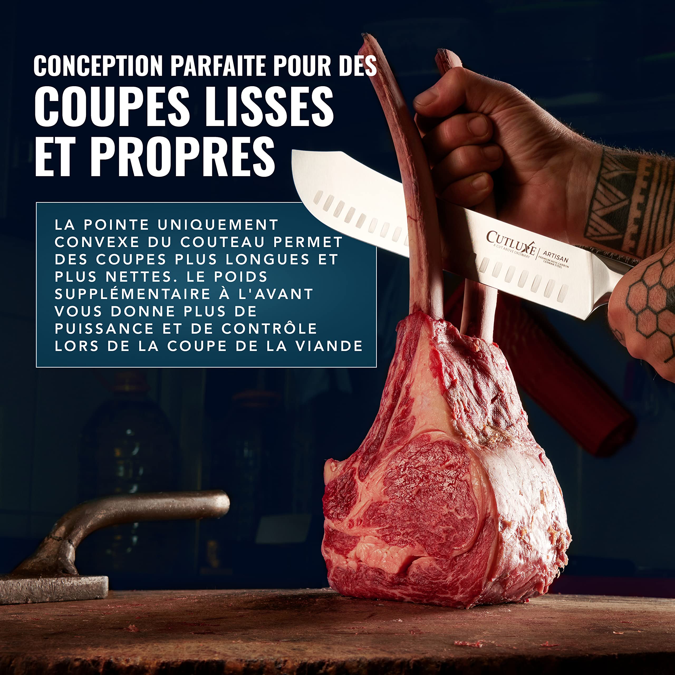 Cutluxe Couteau de Boucher Bullnose - Couteau a Viande 25cm - Acier Allemand à Forte Teneur en Carbone - Couteaux de Chef Professionnel Tang Complet - Série Artisan
