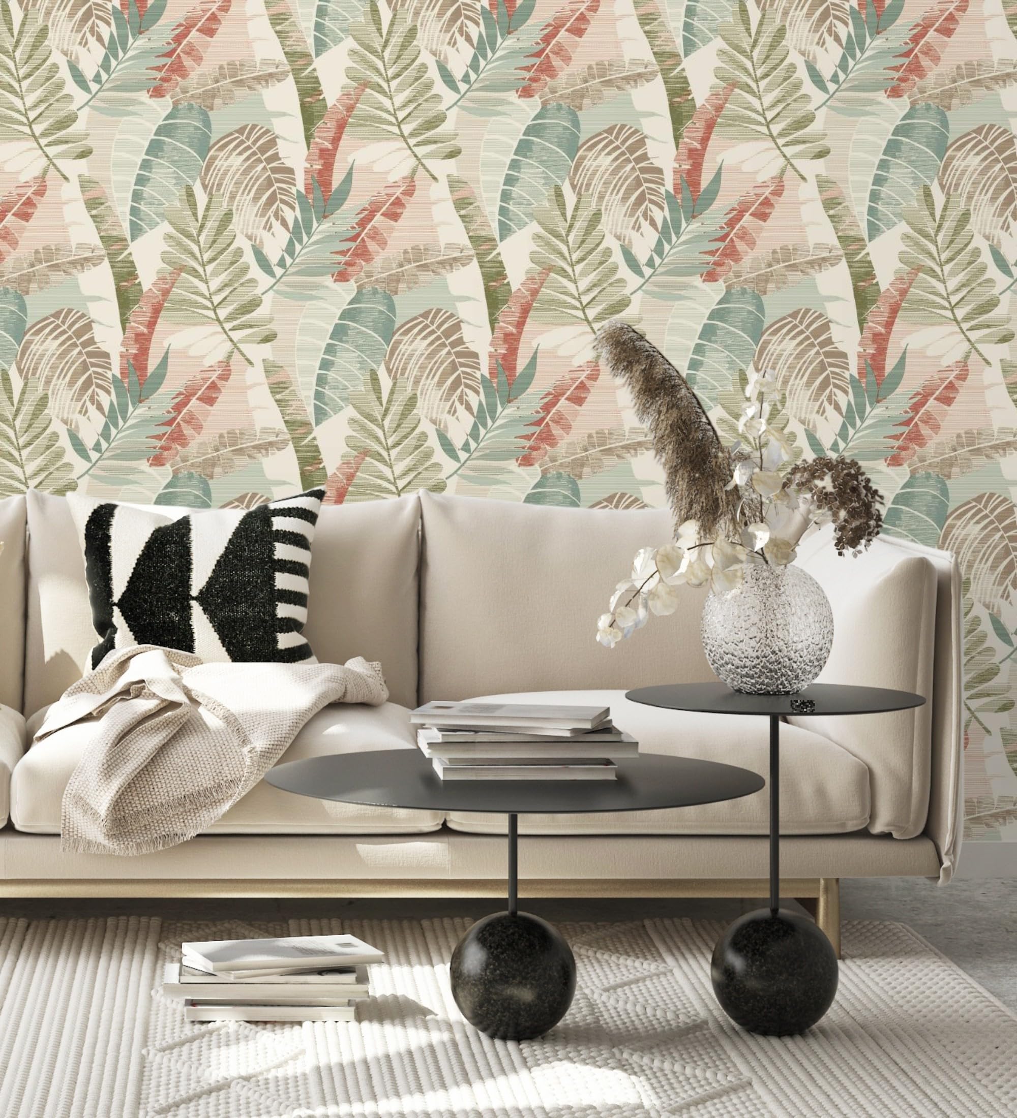 GAULAN 682819 - Papel pintado de hojas tropicales tonos verdes terracota claro y marfil para pared salón dormitorio pasillo comedor - Rollo de 10 m x 0,53 m