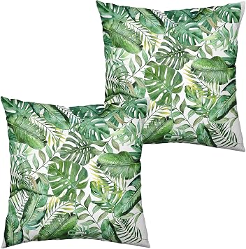 Summer Tropical Pillow Covers 18x18 Set of 2 Palm Leaves Throw Pillow Covers Green Monstera Leaf Outdoor Pillow Case Banana Leaf Cotton Linen Cushion Case for Couch House Sofa