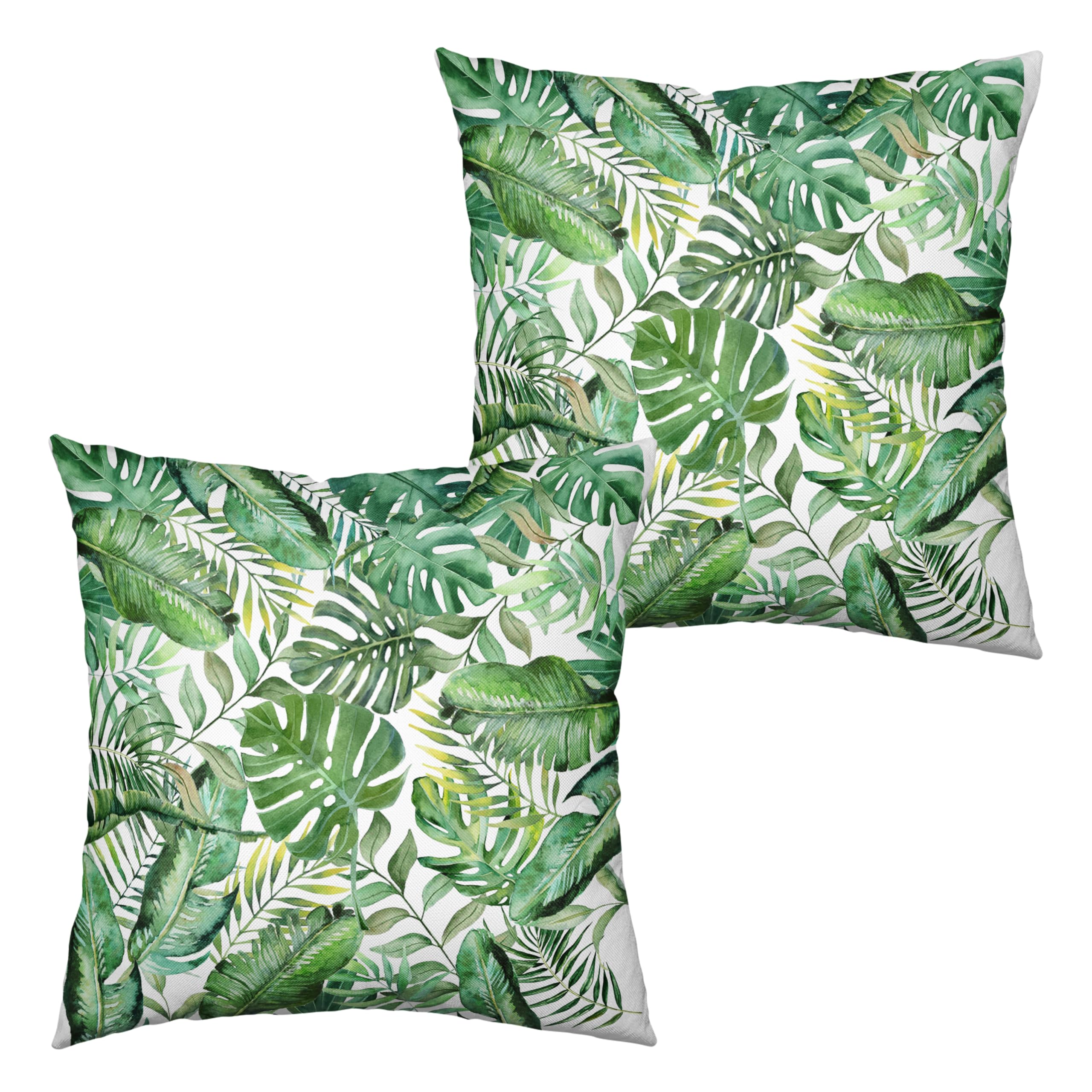 Summer Tropical Pillow Covers 18x18 Set of 2 Palm Leaves Throw Pillow Covers Green Monstera Leaf Outdoor Pillow Case Banana Leaf Cotton Linen Cushion Case for Couch House Sofa