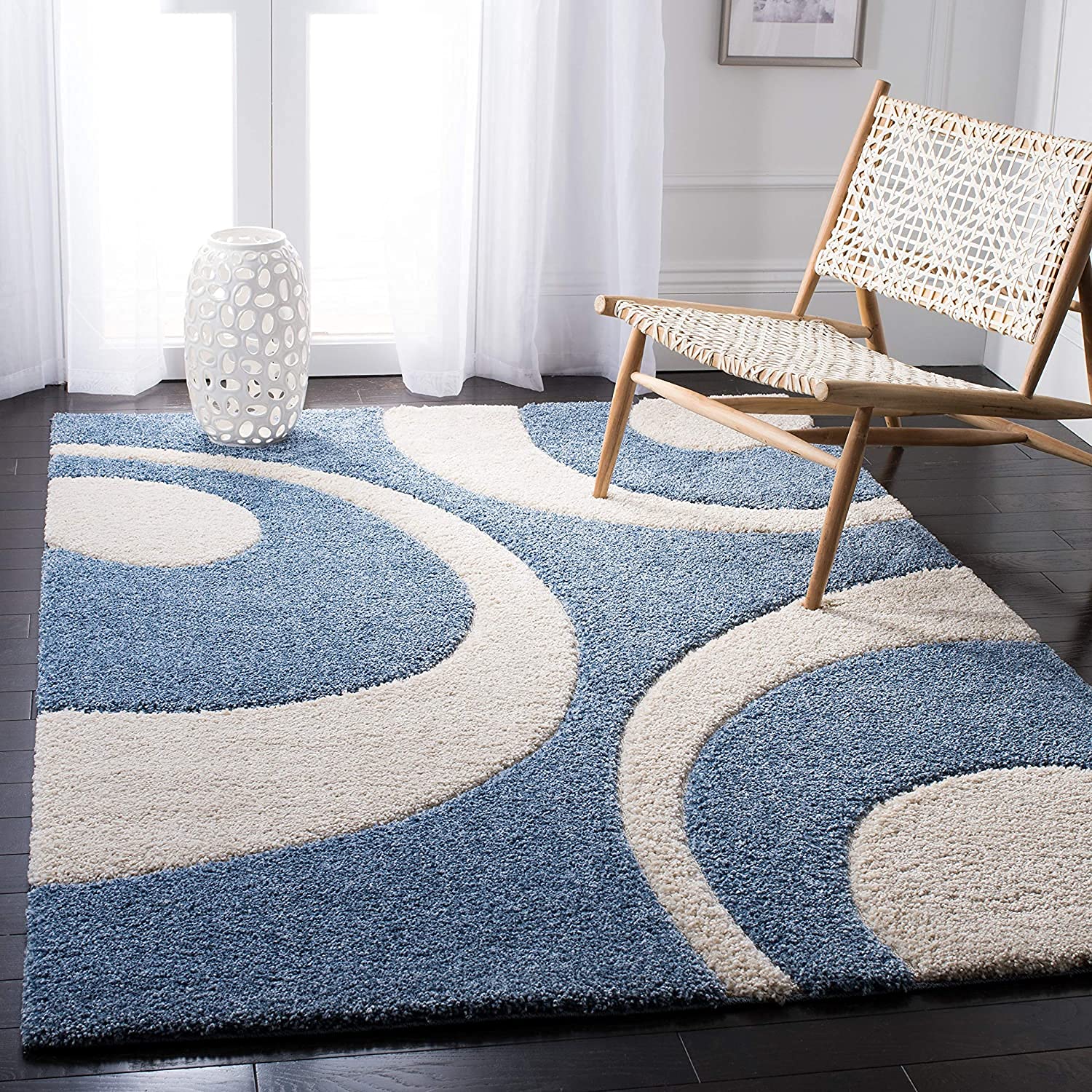 KAVISH CARPET Super Soft Micro Fiber High&Low Hnadwoven Shag Collaction with 2 Inch Shag Pile Hight. Size 12X18 Feet Colour Ivory/Teal Blue