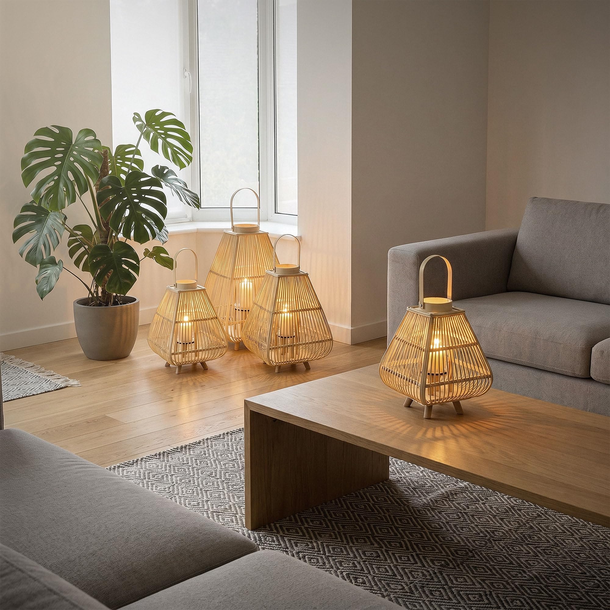 ECD Germany Latarnia Bambusowa Ogrodowa 73,5 cm Lampion Dekoracyjny Boho z Uchwytem i Szklanym Wkladem Swiecznik na Taras Balkon do Ogrodu i Salonu do Wnetrz na Zewnatrz Kolor Naturalny Styl Pleciony