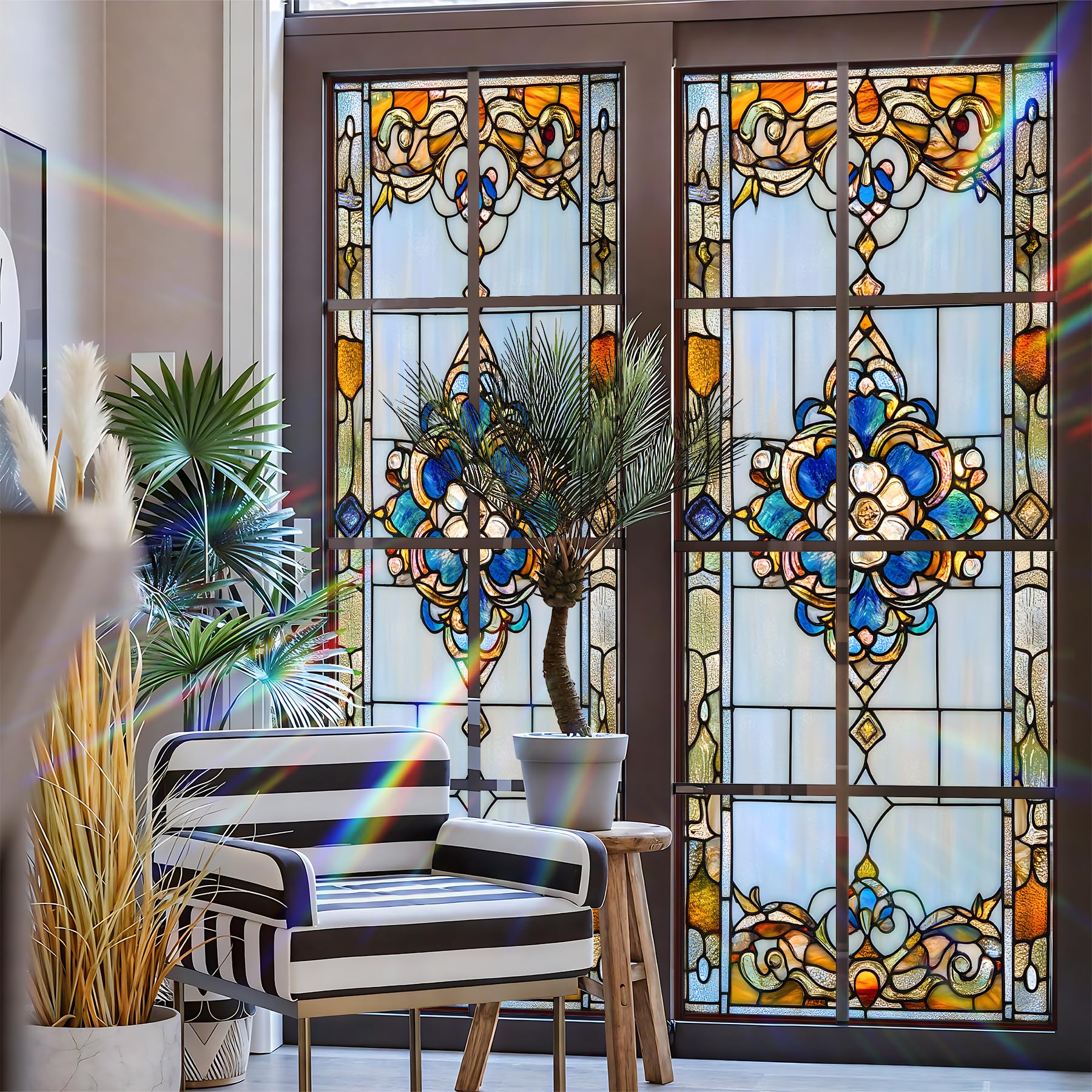 Window Privacy Film, Stunning Sun and Landscape Stained - Glass Mosaic Design, Non - Adhesive Glass Window Covering, Vibrant Summer Decor (H3742)