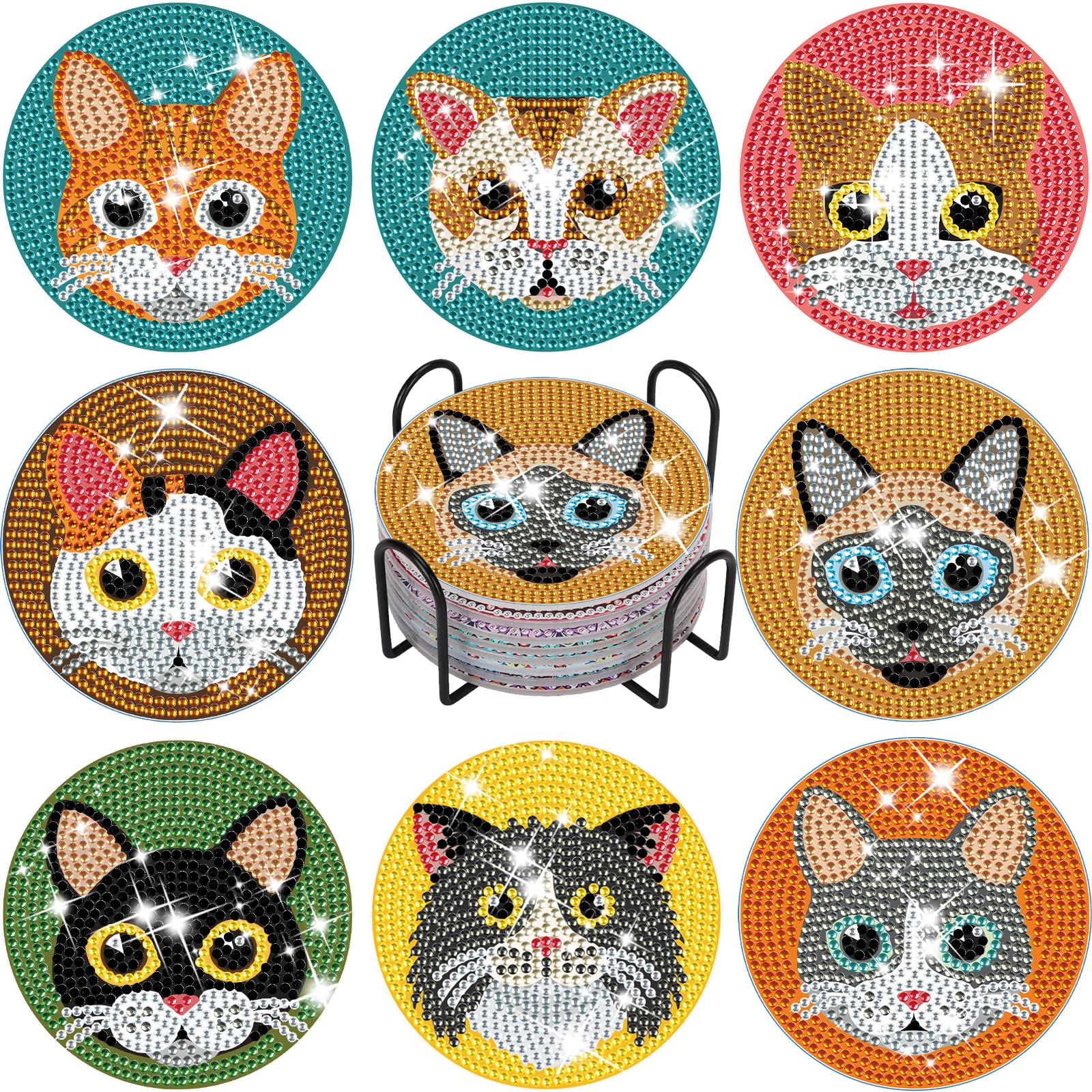 Diamant-Malerei Untersetzer-Set – 10 Stück Katzendesign, Mit Zubehör, DIY Für Anfänger